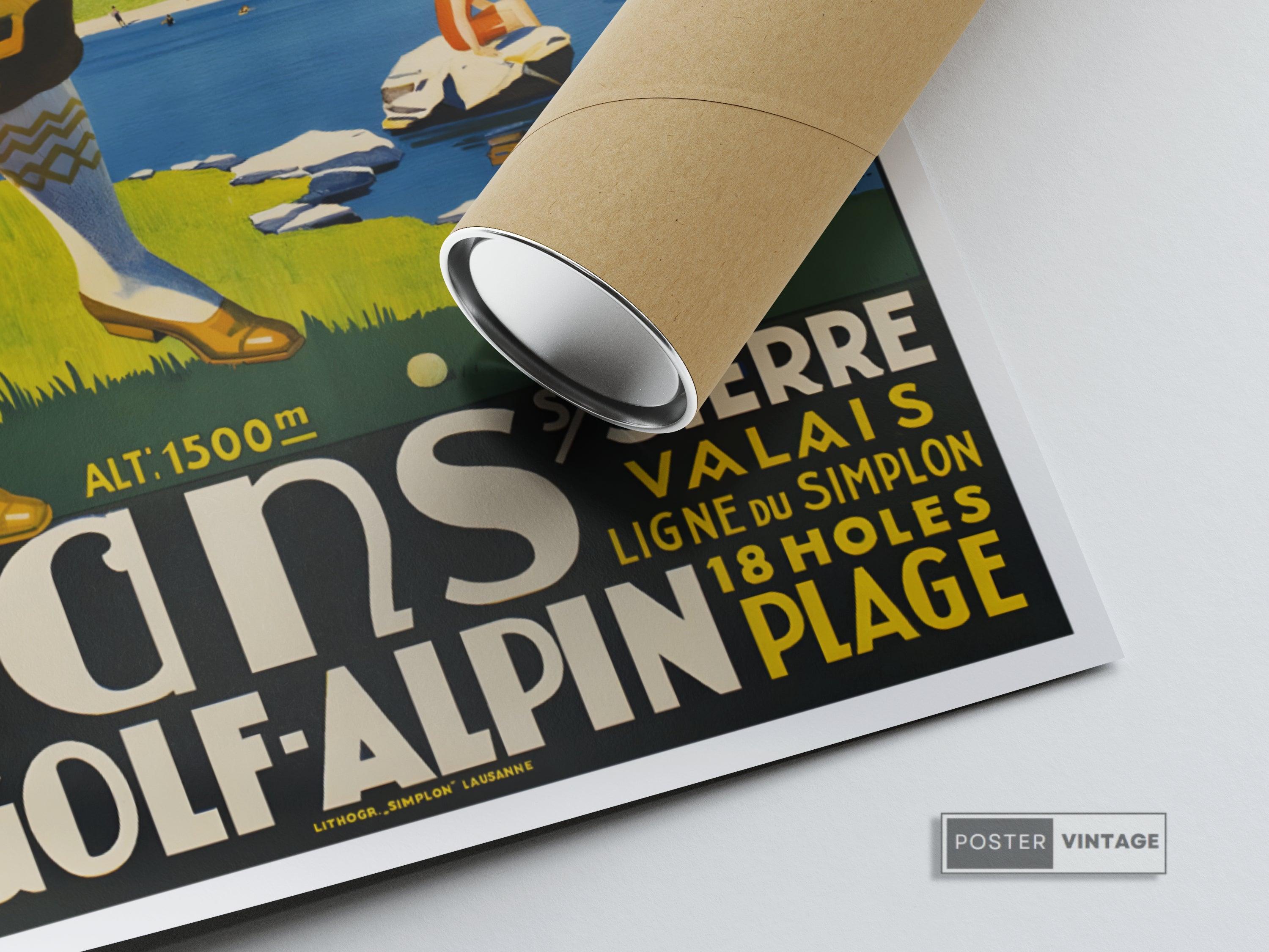 Affiche golf vintage "Crans" - Art déco- Haute Définition - papier mat 230gr/m2 - Poster Vintage