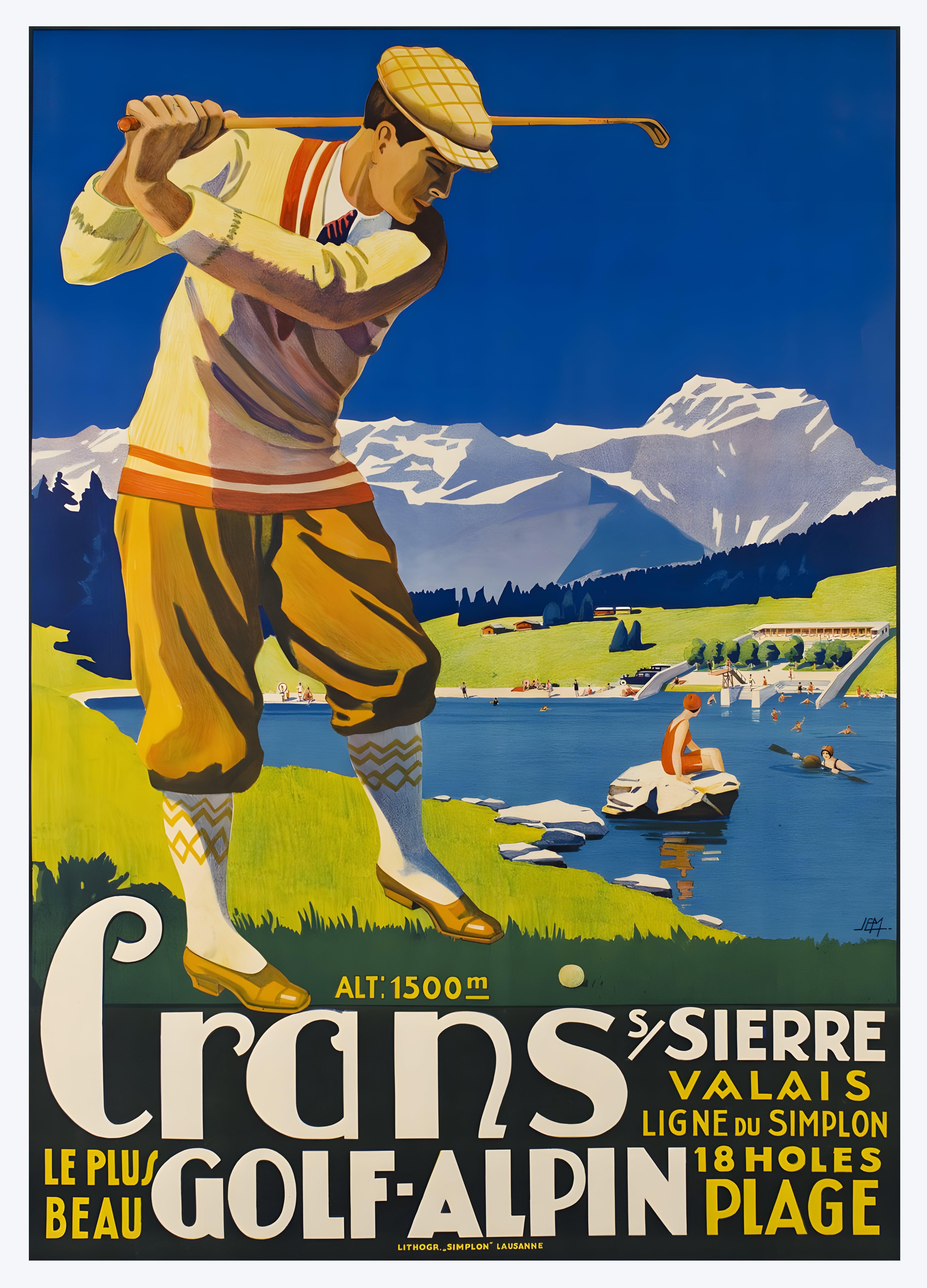 Affiche golf vintage "Crans" - Art déco- Haute Définition - papier mat 230gr/m2 - Poster Vintage