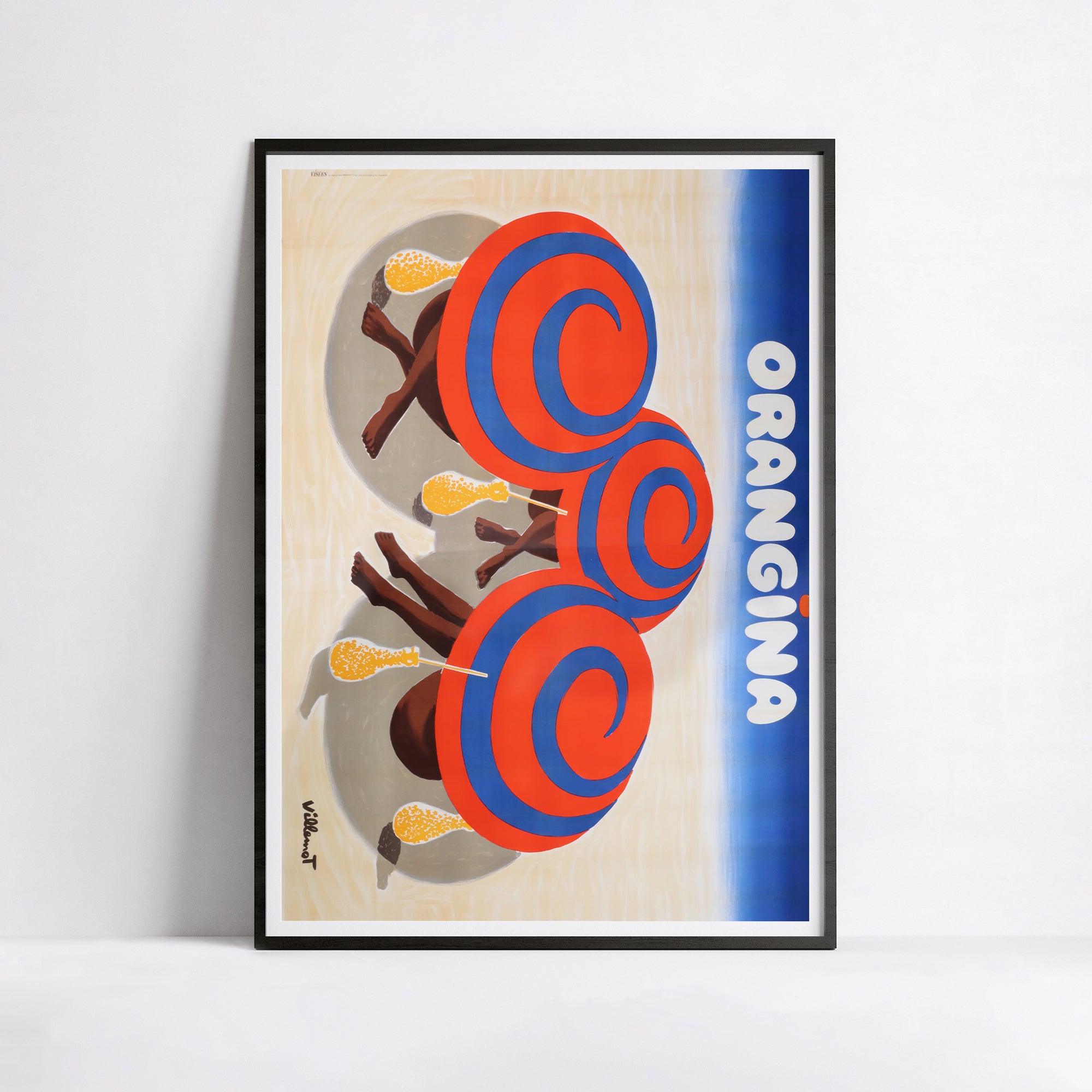 Affiche Orangina "Parasols sur la plage" - Villemot - Haute Définition - papier mat 230gr/m² - Poster Vintage