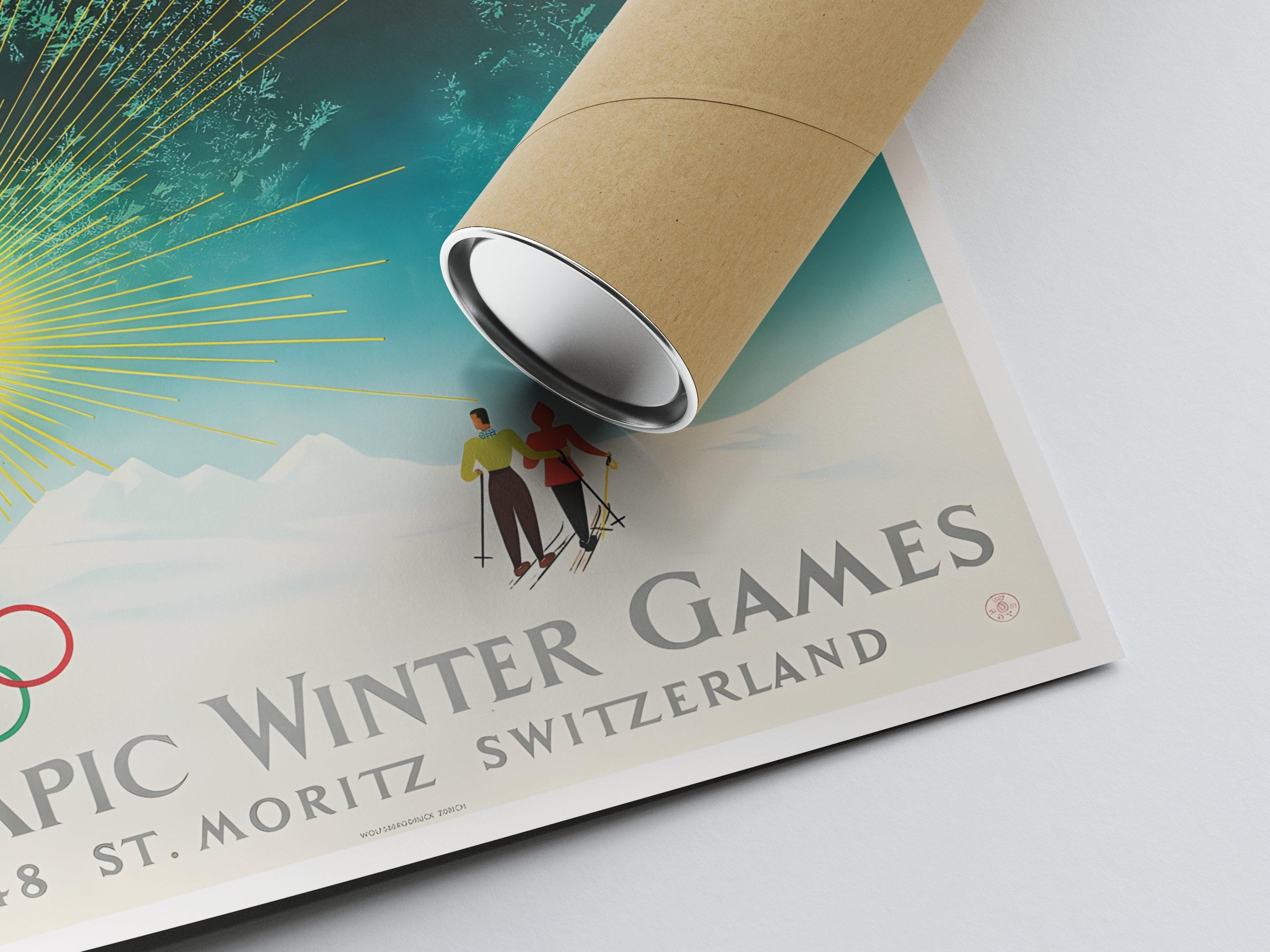 Affiche ski vintage "Jeux Olympiques d'Hiver 1948 - St Moritz" - Haute Définition - papier mat 230gr/m² - Poster Vintage
