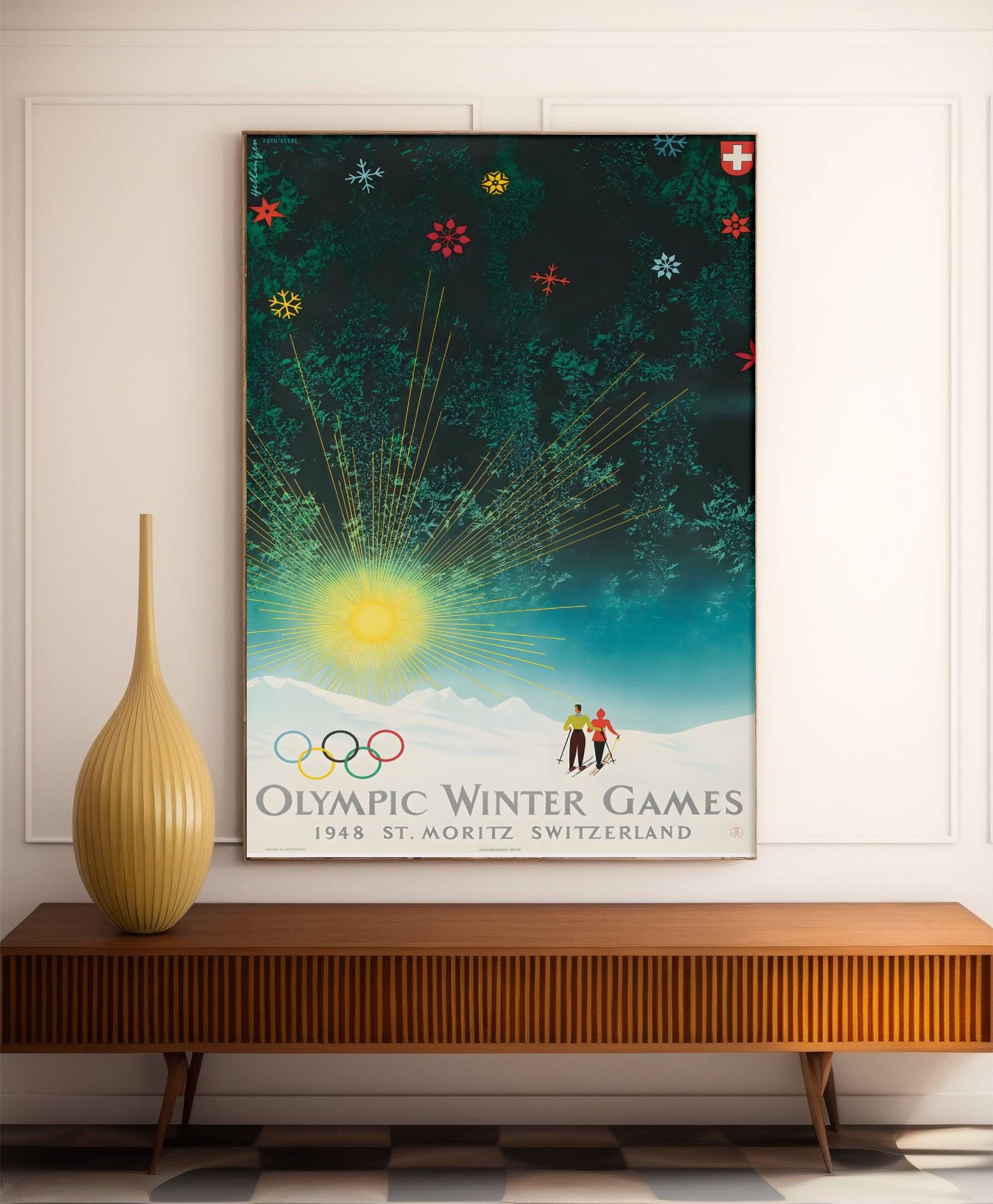 Affiche ski vintage "Jeux Olympiques d'Hiver 1948 - St Moritz" - Haute Définition - papier mat 230gr/m² - Poster Vintage