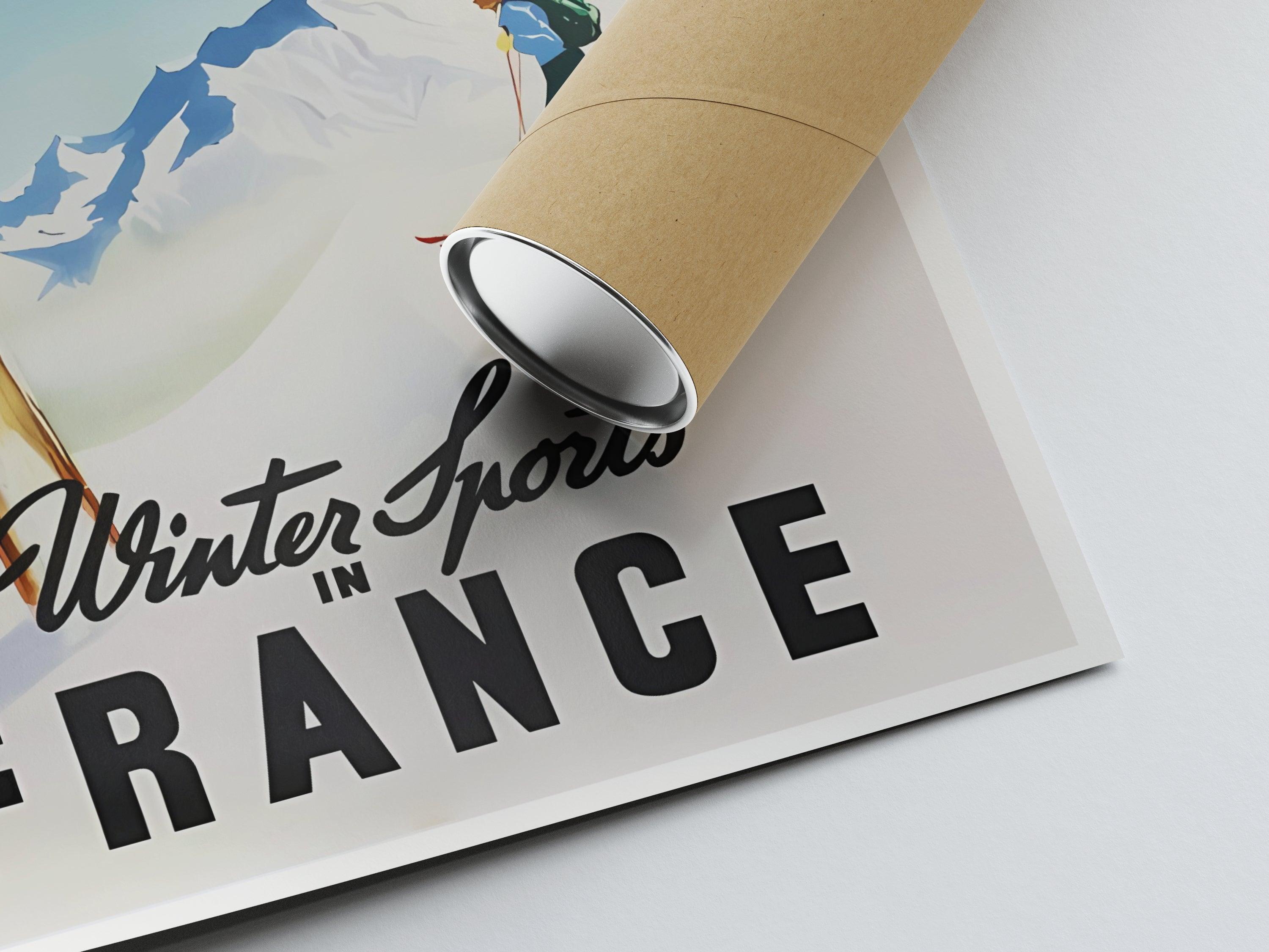 Affiche ski vintage "Wintersports in France" - Haute Définition - papier mat 230gr/m² - Poster Vintage