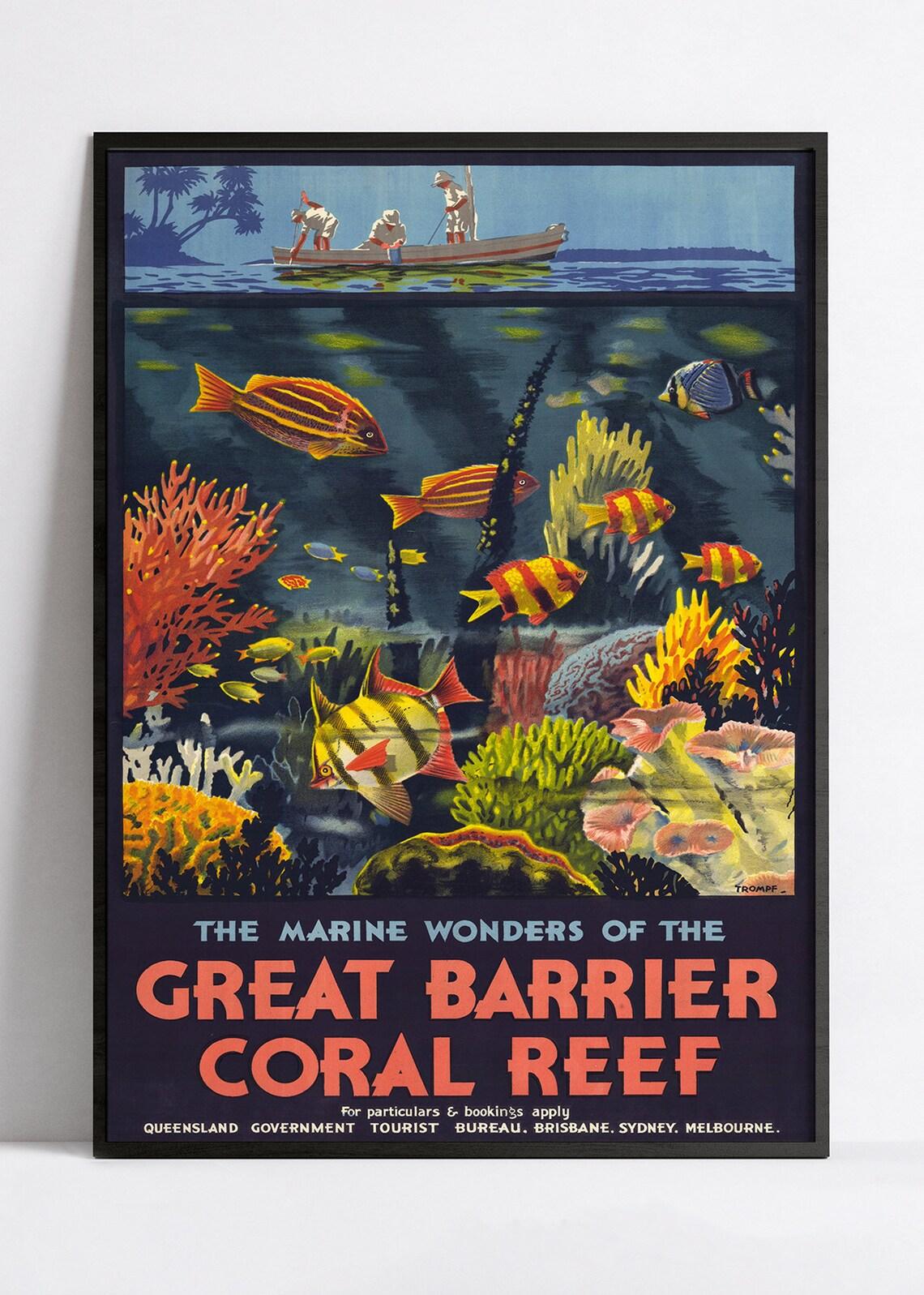 Affiche voyage vintage "Great Barrier Coral Reef" - Haute Définition - papier mat 230gr/m² - Poster Vintage