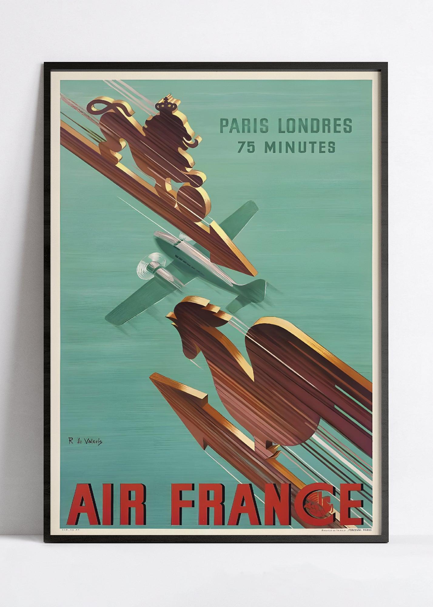 Affiche Air France "Paris-Londres : 75 minutes" - Vintage - Haute Définition - papier mat 230gr/m2 - Poster Vintage