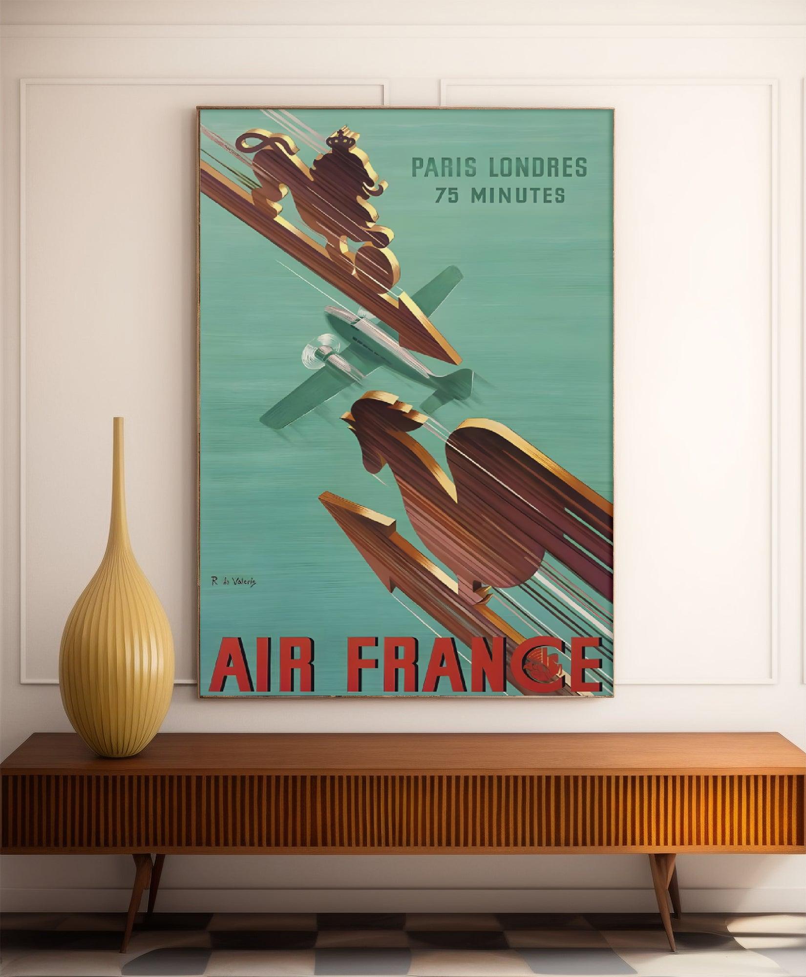 Affiche Air France "Paris-Londres : 75 minutes" - Vintage - Haute Définition - papier mat 230gr/m2 - Poster Vintage