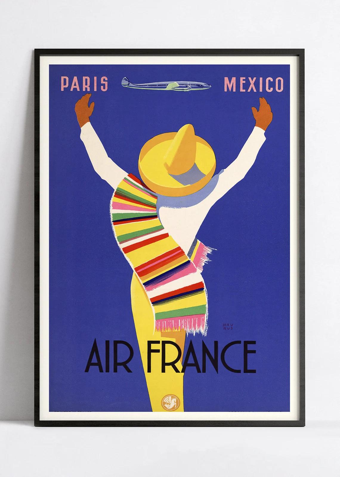 Affiche Air France "Paris Mexico" - Haute Définition - papier mat 230gr/m2 - Poster Vintage