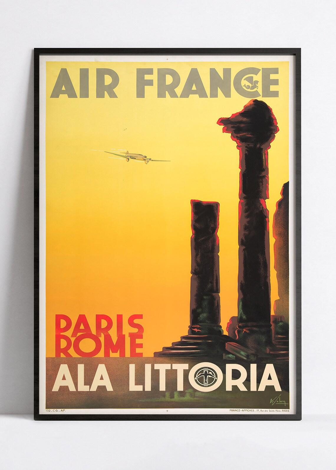 Affiche Air France "Paris-Rome" - Vintage - Haute Définition - papier mat 230gr/m2 - Poster Vintage