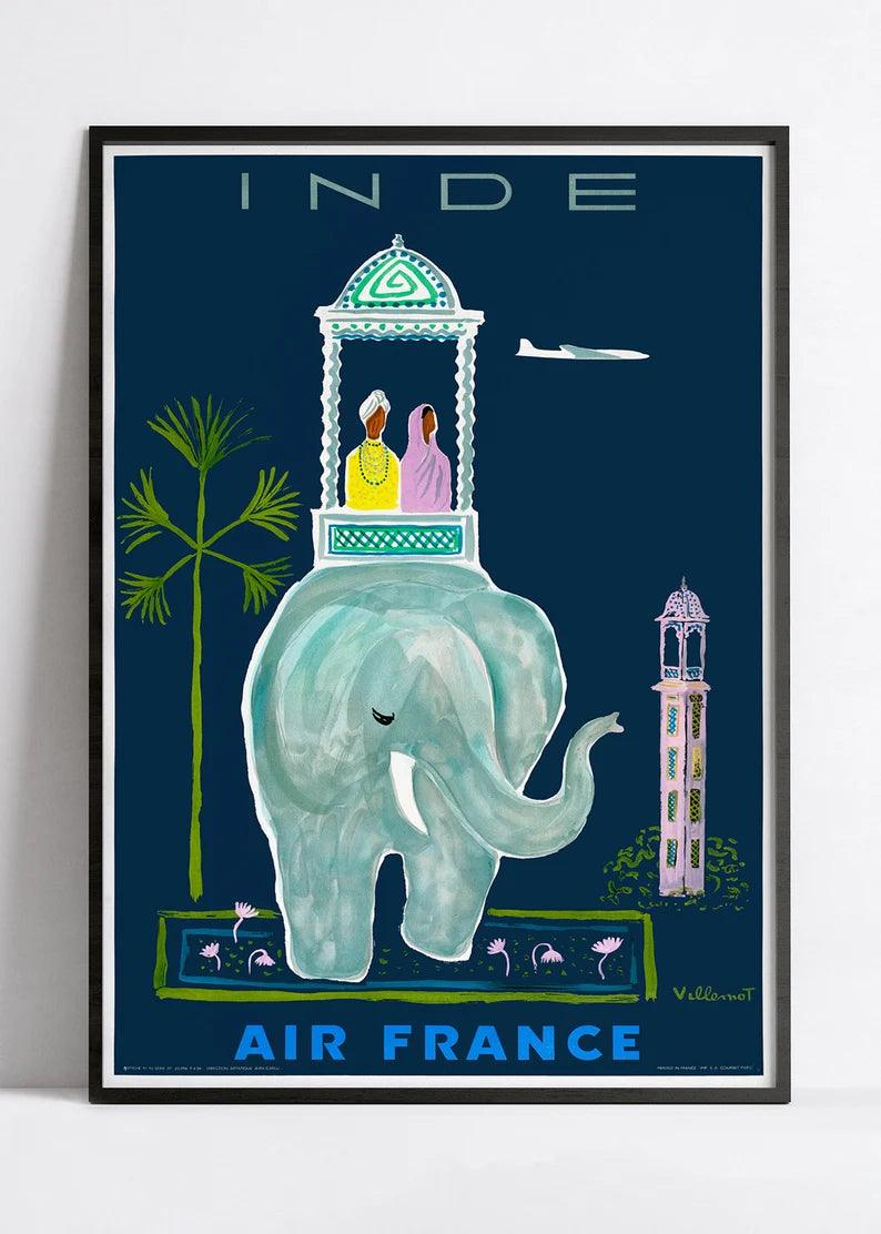 Affiche aviation Air France "Inde" - Vintage - Villemot - Haute Définition - papier mat 230gr/m2 - Poster Vintage