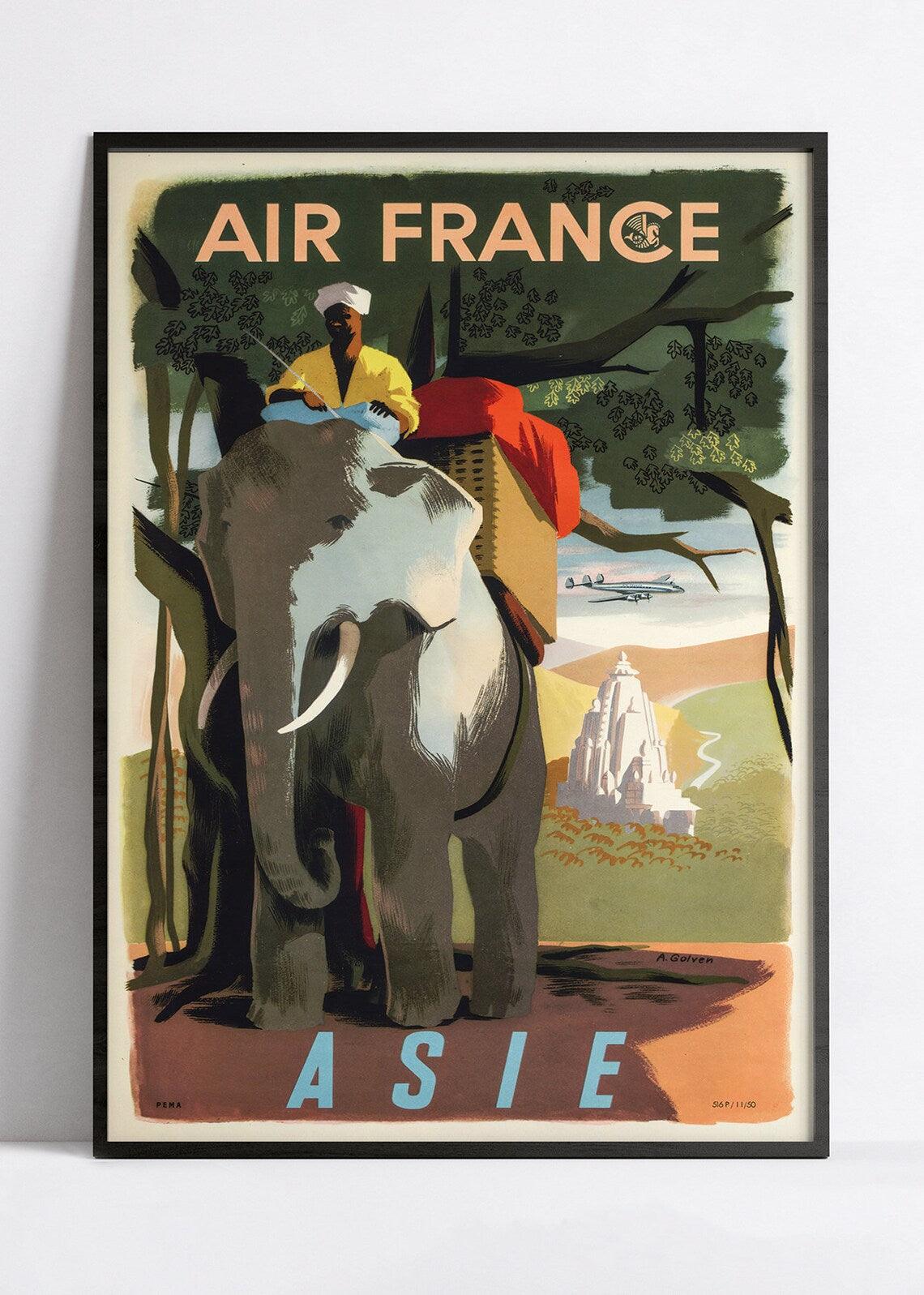 Affiche aviation vintage Air France "Asie" - Haute Définition - papier mat 230gr/m2 - Poster Vintage