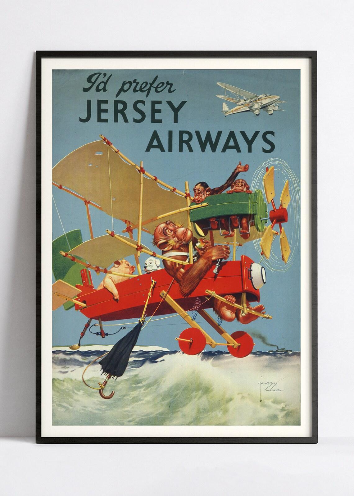 Affiche aviation vintage "Flying Monkeys" - Jersey Airways - Haute Définition - papier mat 230gr/m2 - Poster Vintage