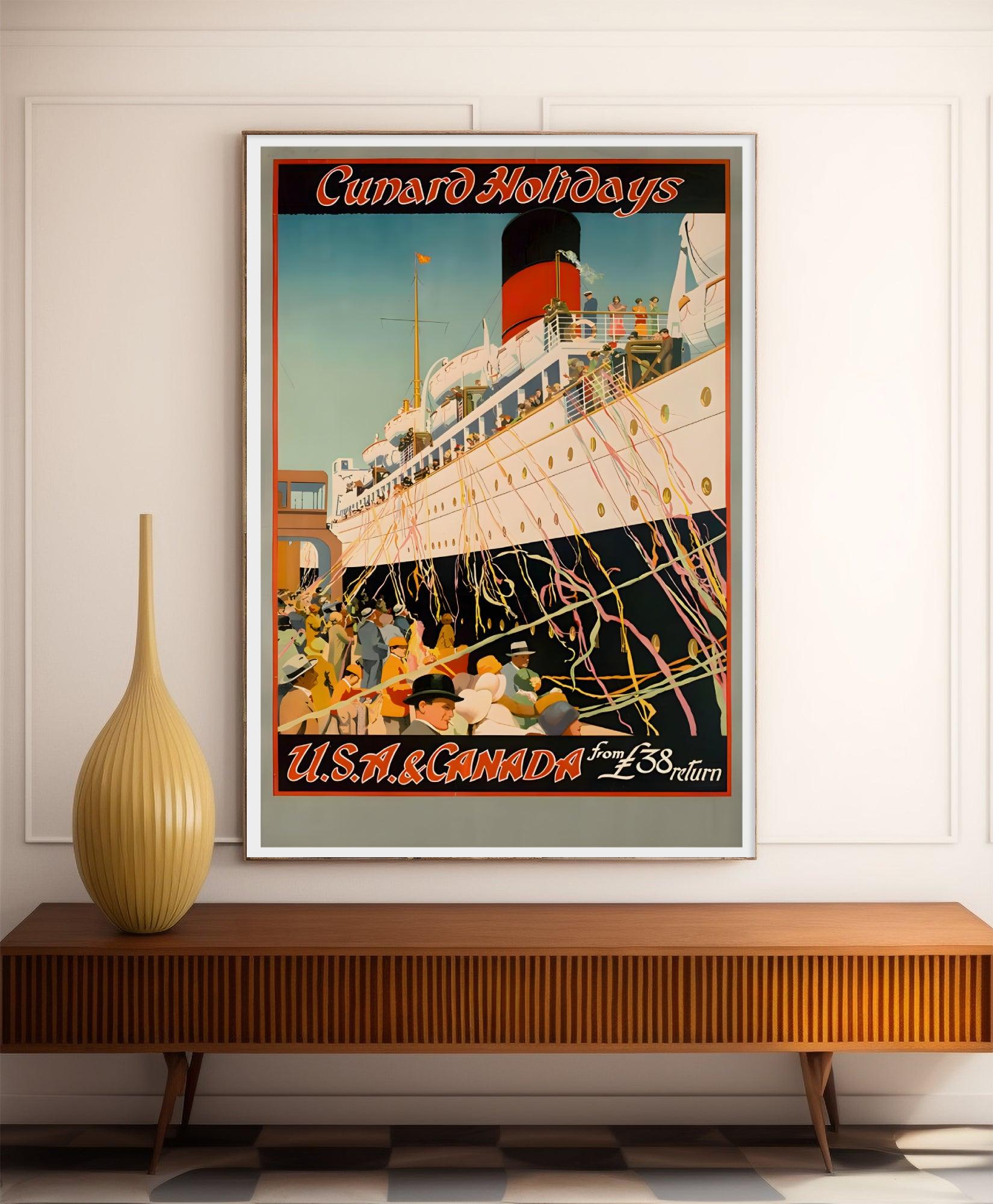 Affiche bateau vintage "Cunard Holydays" - Haute Définition - papier mat 230gr/m² - Poster Vintage