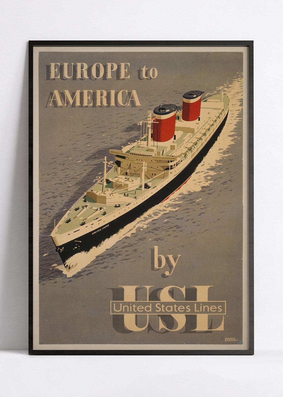 Affiche bateau vintage "Europe to America by USL" - Haute Définition - papier mat 230gr/m² - Poster Vintage