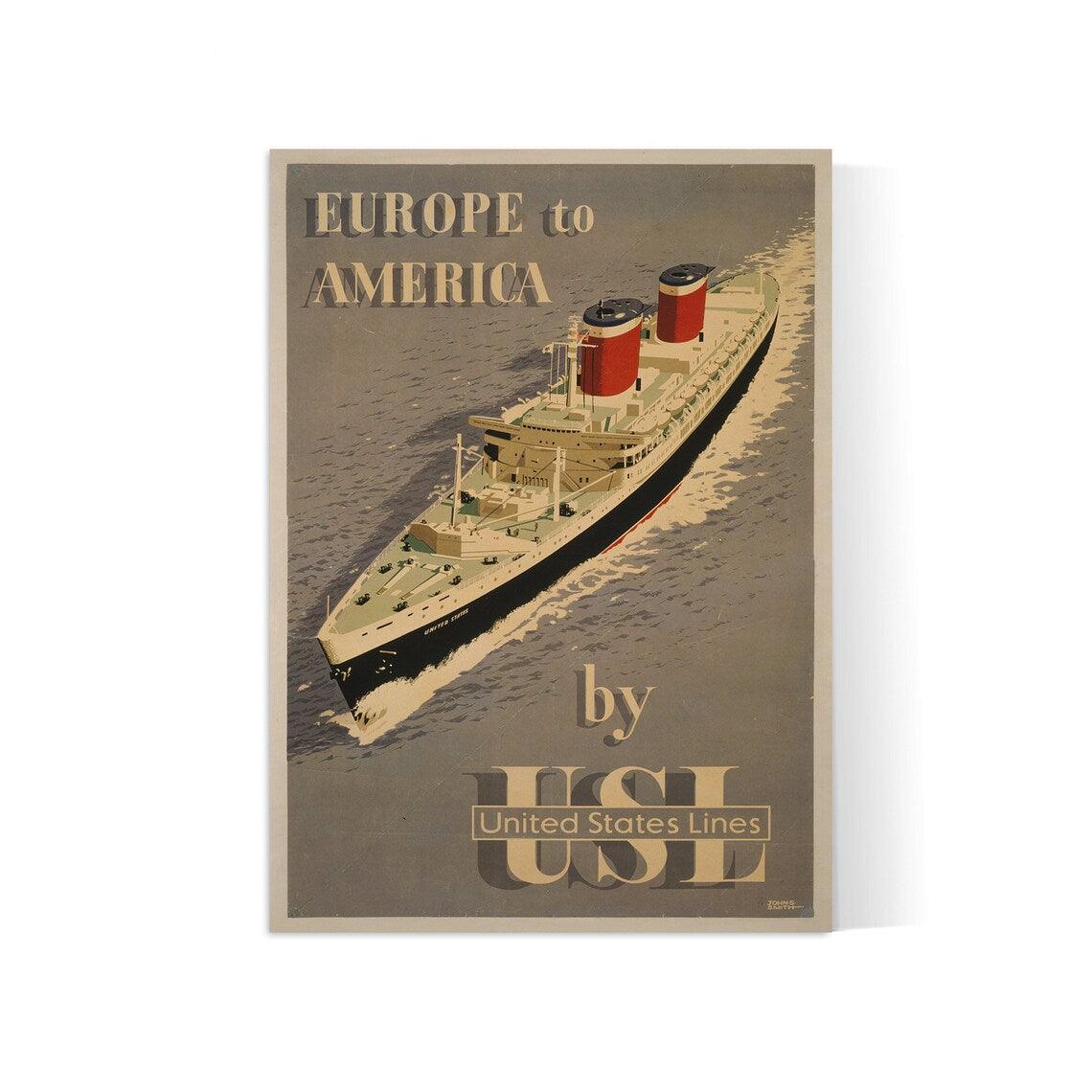 Affiche bateau vintage "Europe to America by USL" - Haute Définition - papier mat 230gr/m² - Poster Vintage