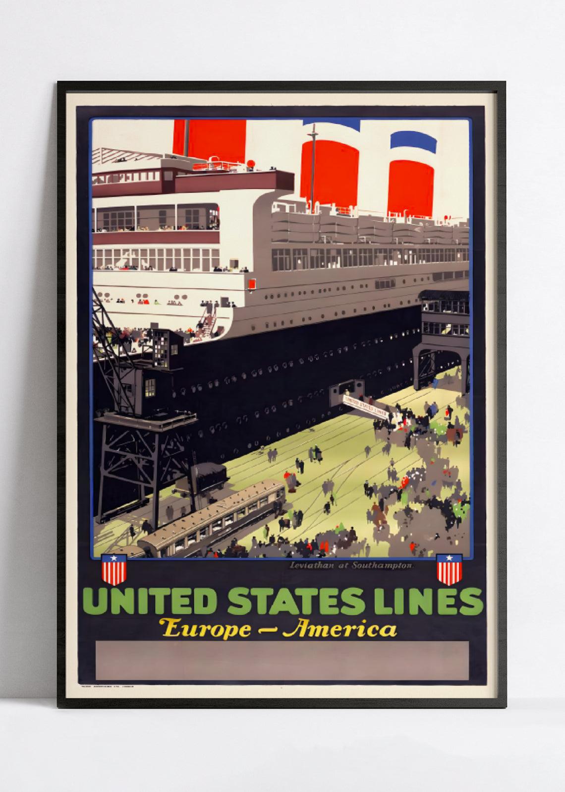 Affiche bateau vintage "United States Lines" - Henri Cassiers - Haute Définition - papier mat 230gr/m² - Poster Vintage