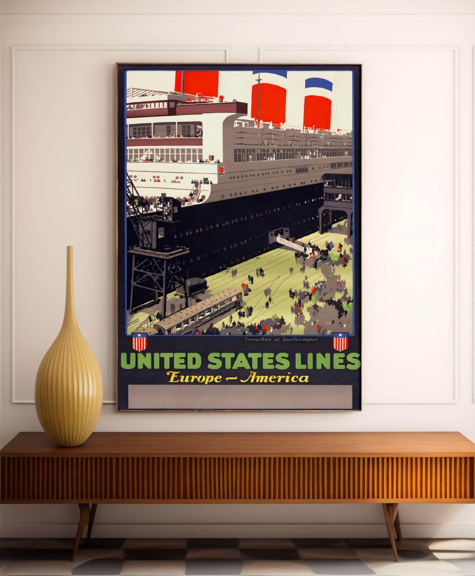 Affiche bateau vintage "United States Lines" - Henri Cassiers - Haute Définition - papier mat 230gr/m² - Poster Vintage