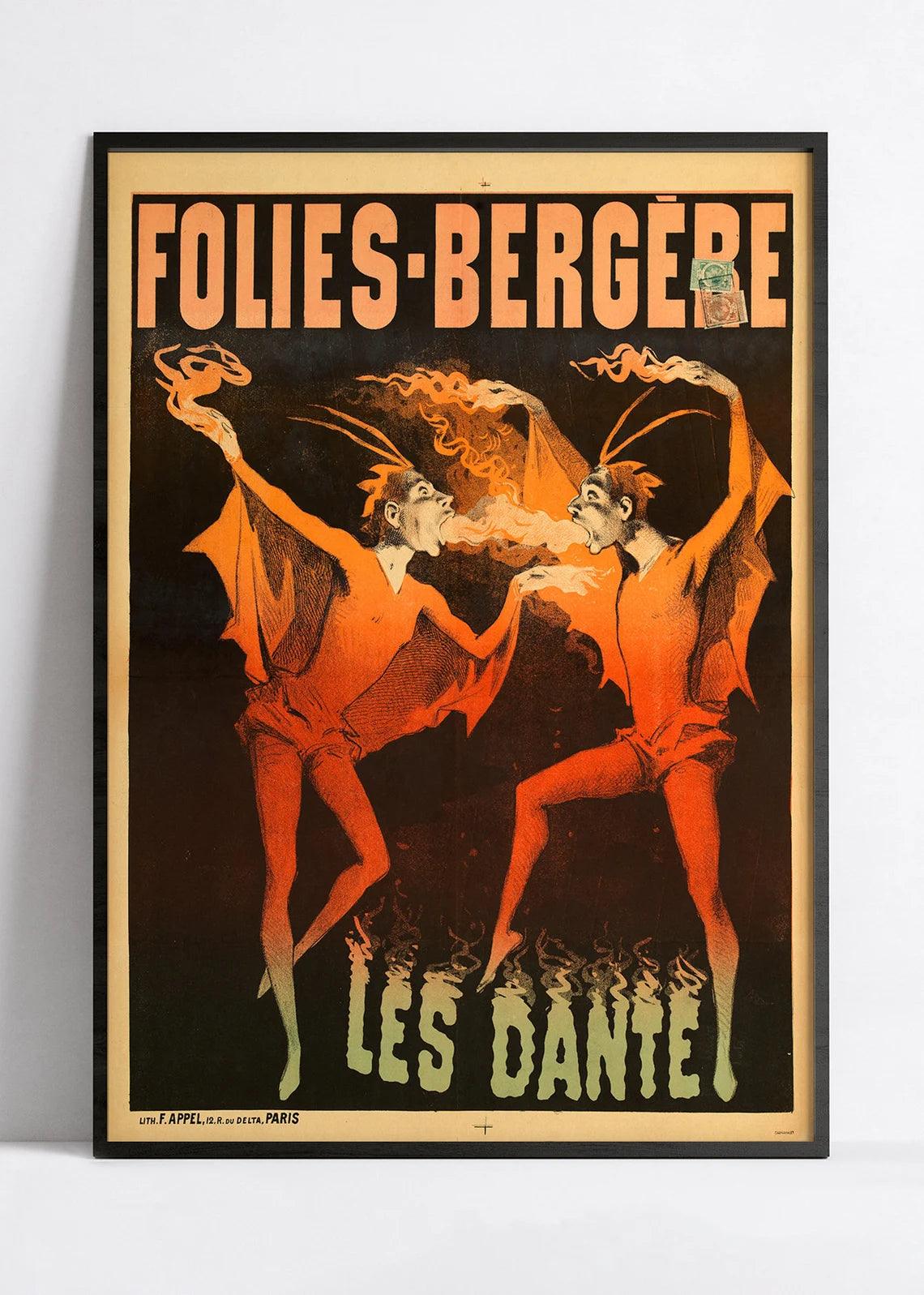 Affiche cabaret vintage "Folies Bergères - Les Dante" - Art Nouveau - Haute Définition - papier mat 230gr/m² - Poster Vintage