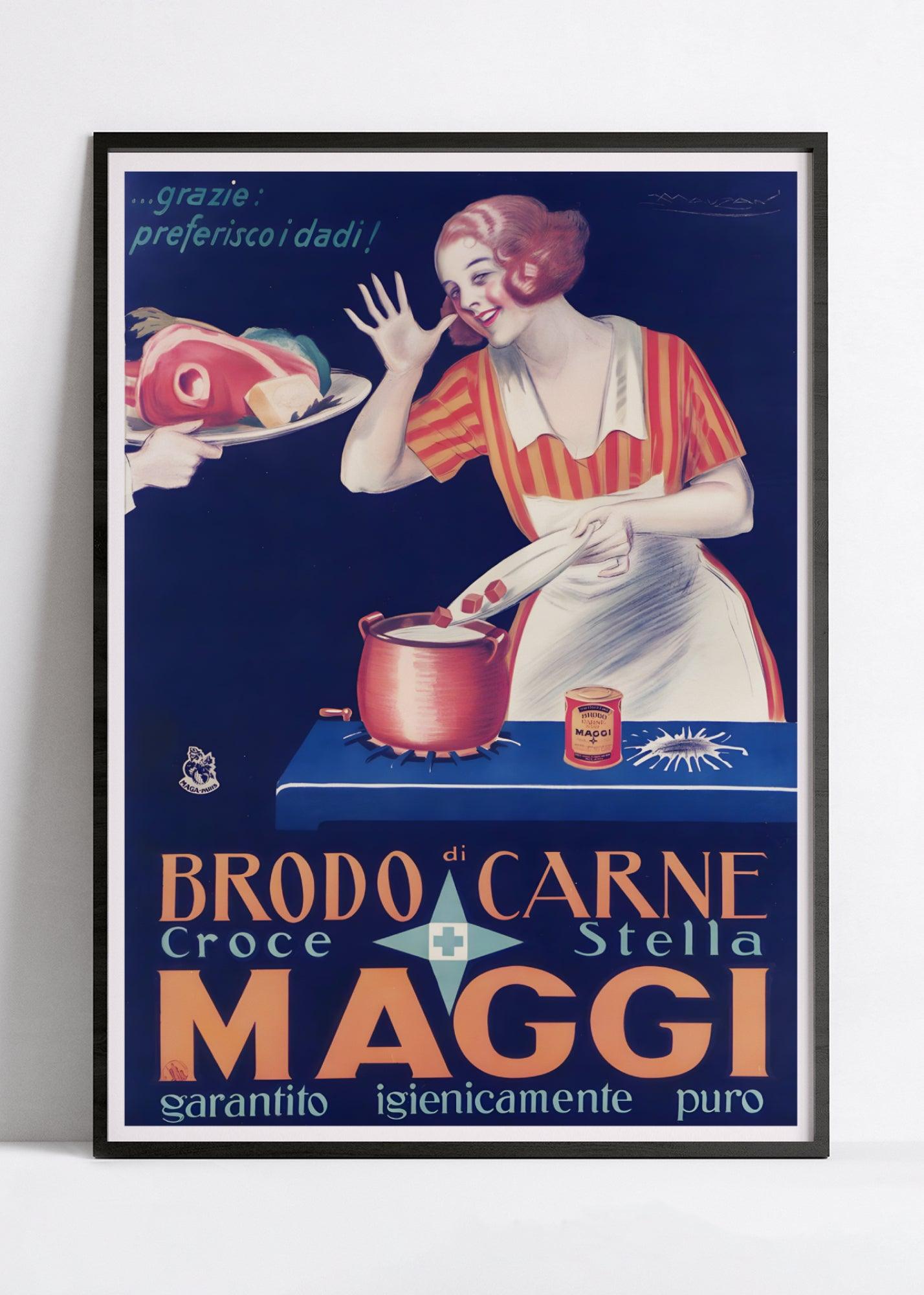 Affiche cuisine vintage "Brodo di Carne Maggi" - Achille Mauzan - Haute Définition - papier mat 230gr/m² - Poster Vintage