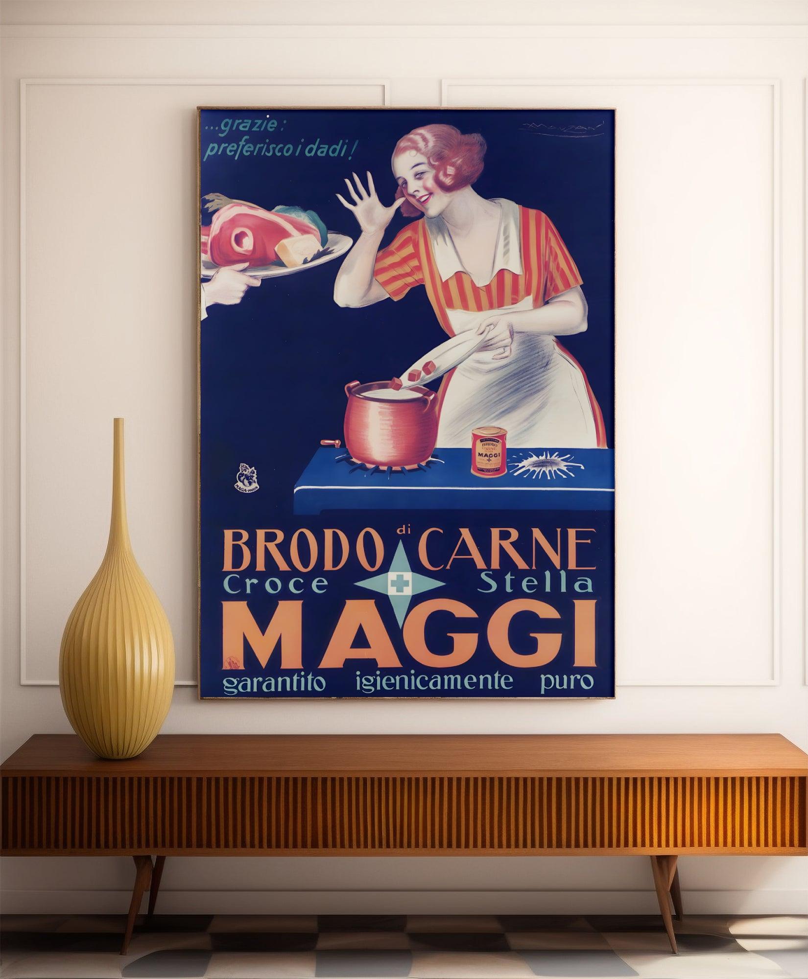 Affiche cuisine vintage "Brodo di Carne Maggi" - Achille Mauzan - Haute Définition - papier mat 230gr/m² - Poster Vintage