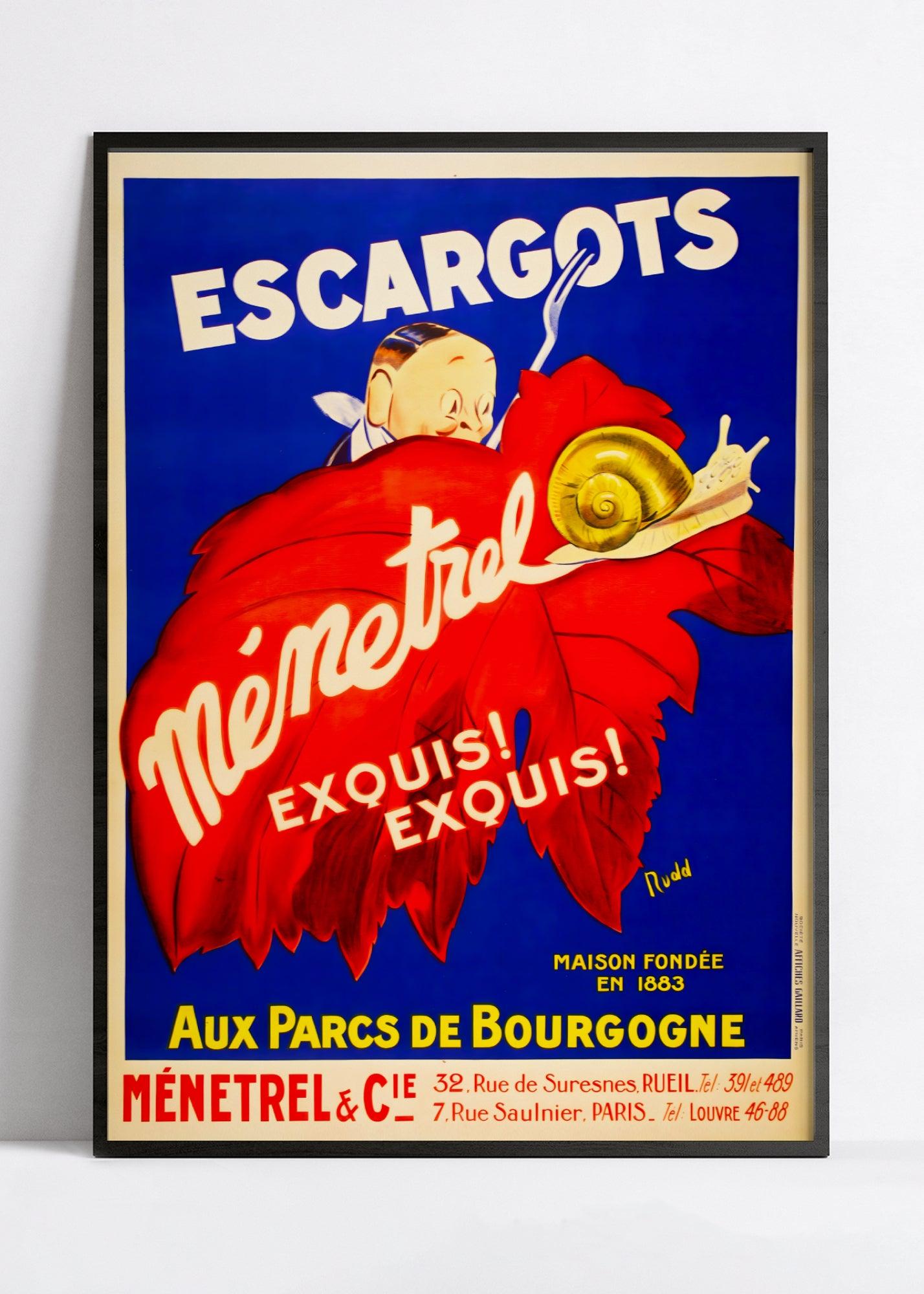 Affiche cuisine vintage "Escargots ménetrel" - Rudd - Haute Définition - papier mat 230gr/m² - Poster Vintage