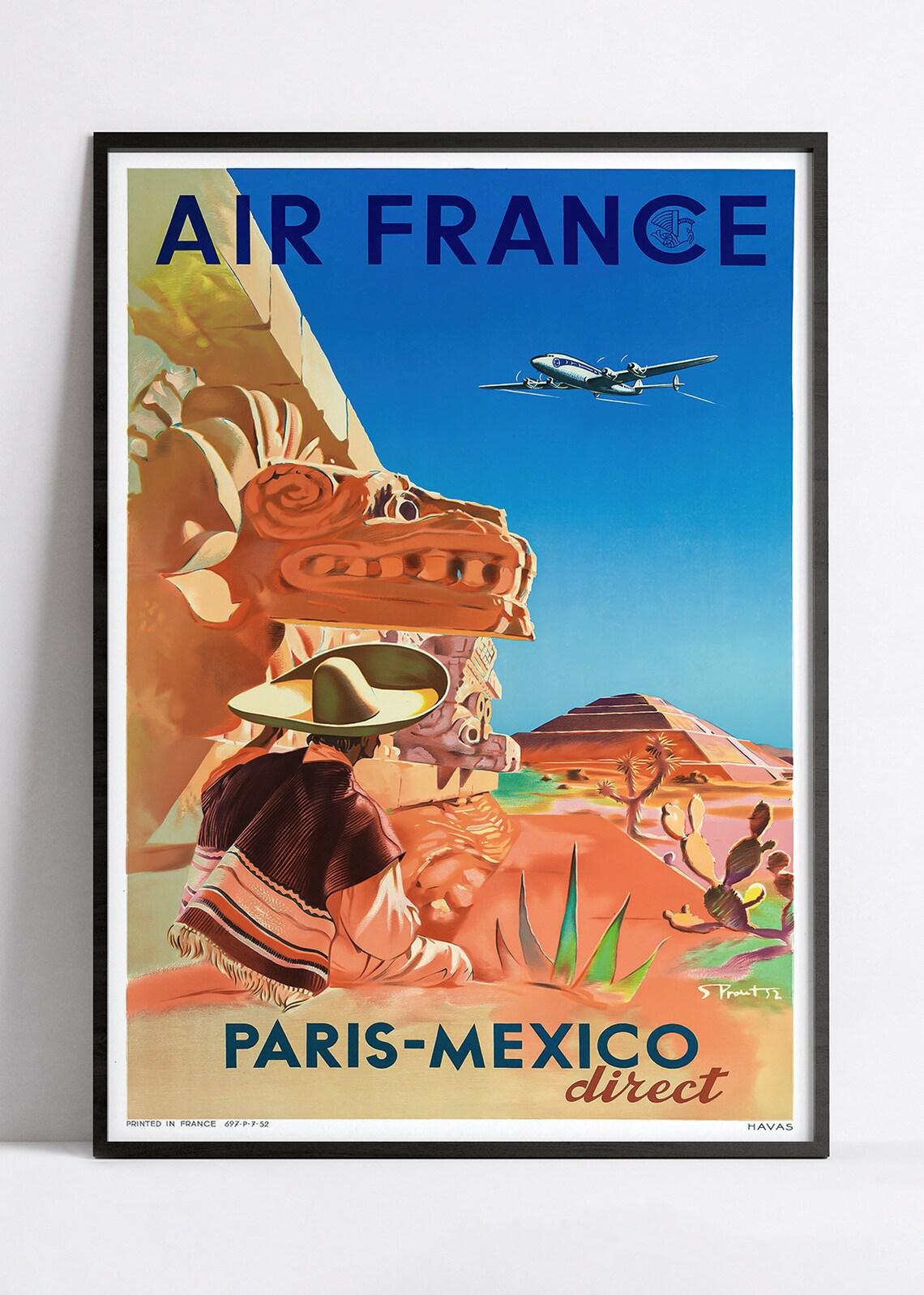 Affiche murale vintage "Paris Mexico" - Air France - Haute Définition - papier mat 230gr/m² - Poster Vintage