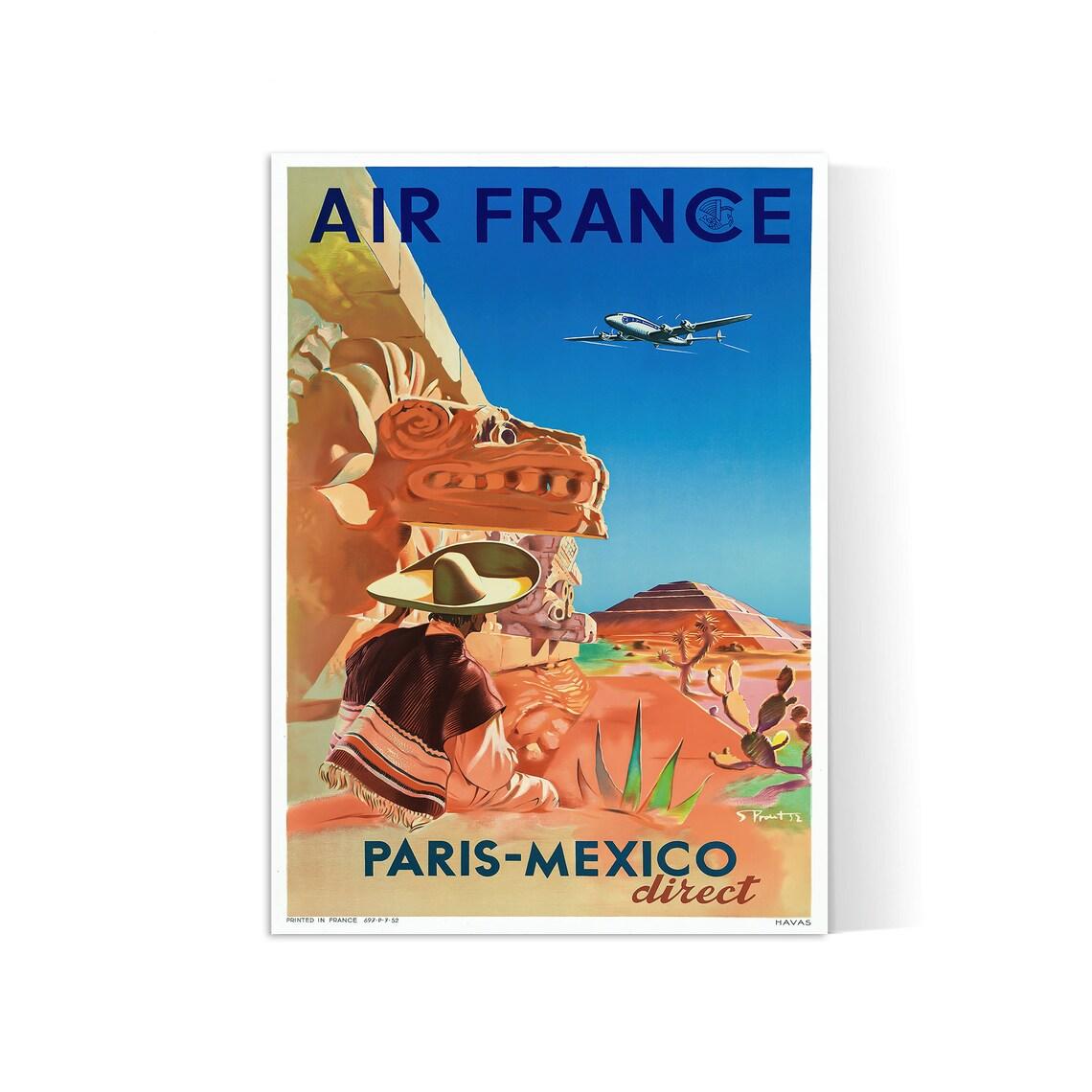 Affiche murale vintage "Paris Mexico" - Air France - Haute Définition - papier mat 230gr/m² - Poster Vintage