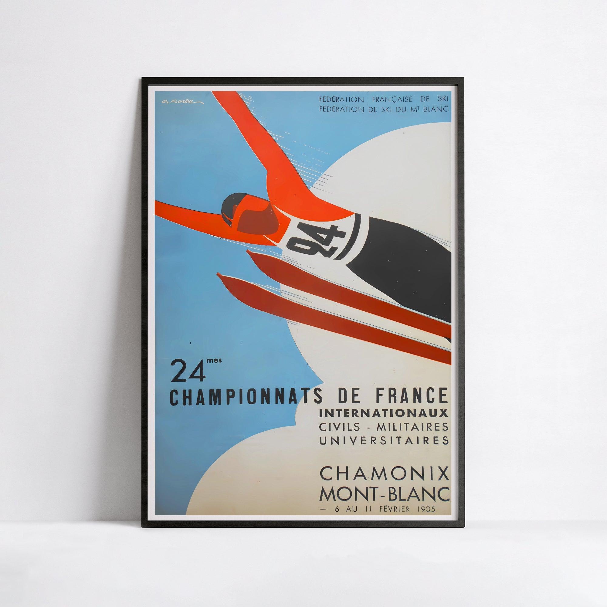 Affiche ski vintage "24ème Championnats de France 1935" - Haute Définition - papier mat 230gr/m² - Poster Vintage