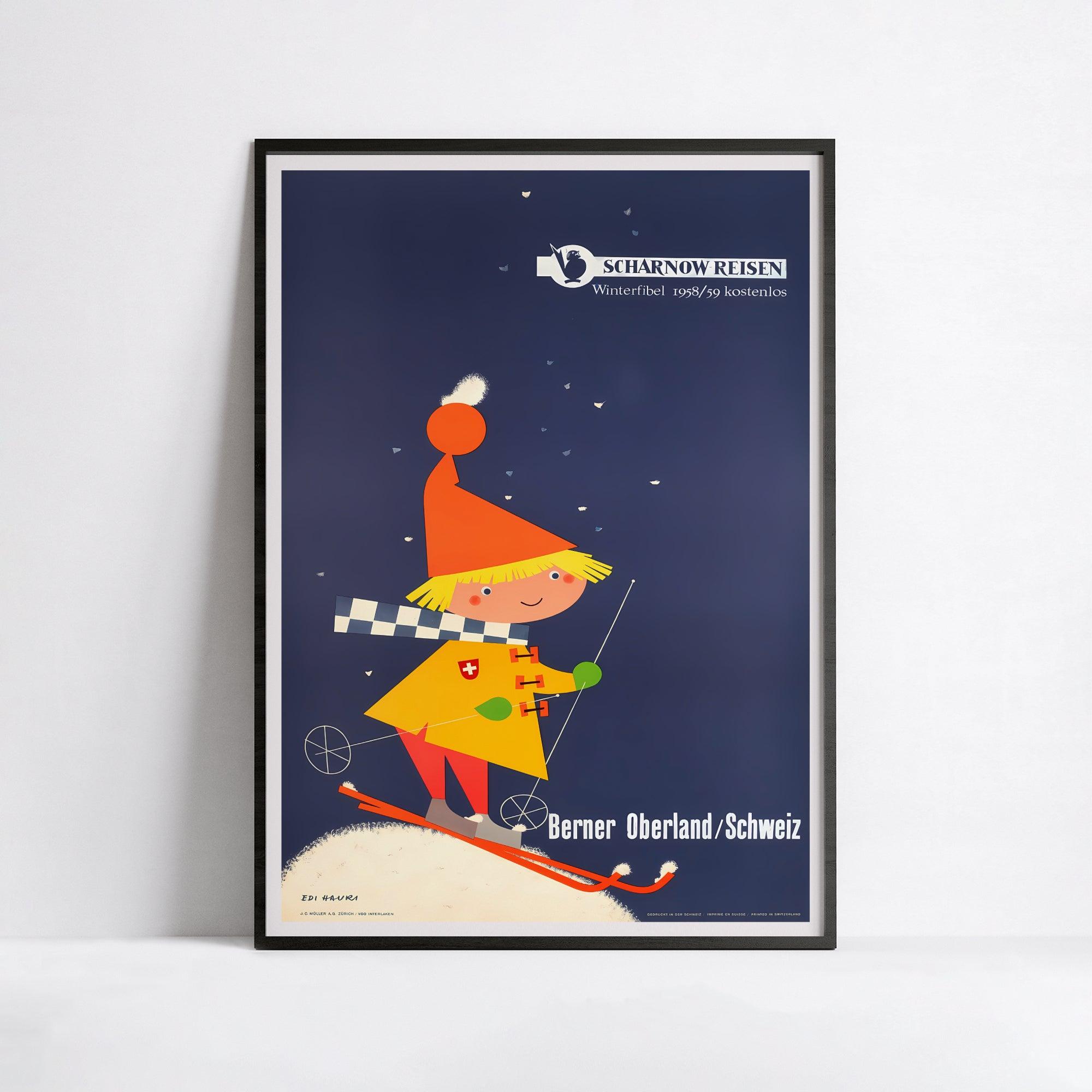 Affiche ski vintage "Berner Oberland - Schweiz" - Haute Définition - papier mat 230gr/m² - Poster Vintage