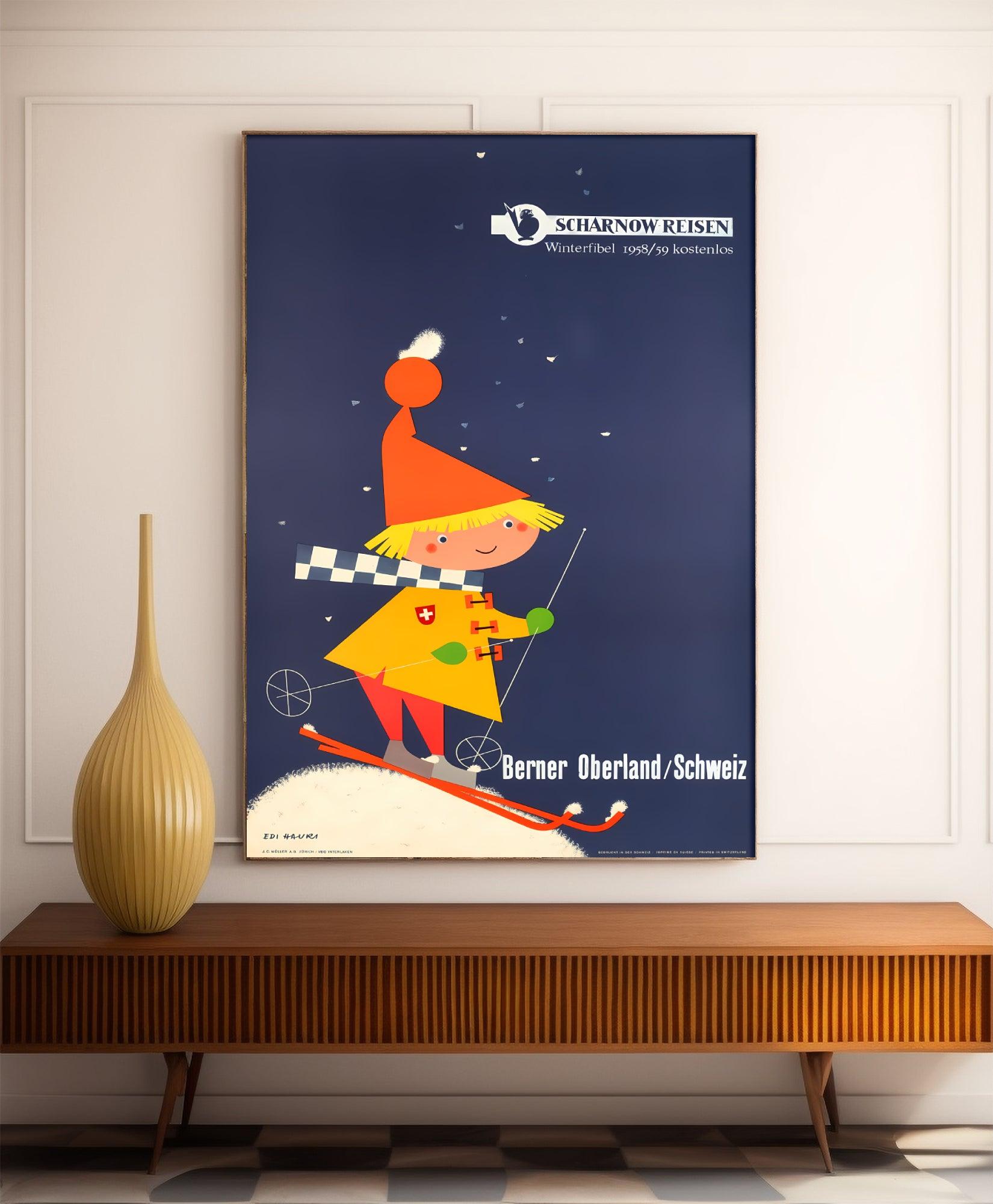 Affiche ski vintage "Berner Oberland - Schweiz" - Haute Définition - papier mat 230gr/m² - Poster Vintage