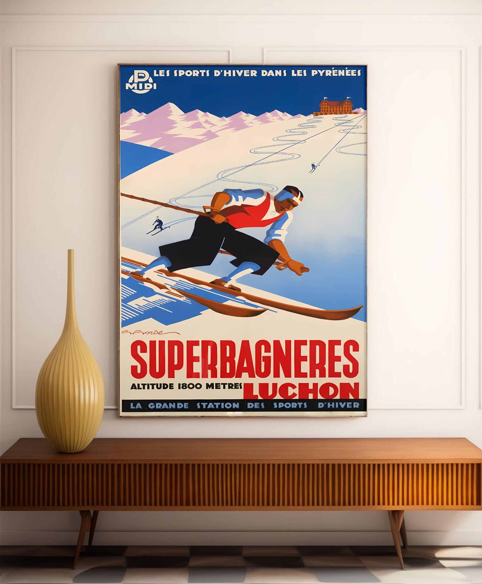 Affiche ski vintage "Suerbagnères - Luchon" - Haute Définition - papier mat 230gr/m² - Poster Vintage