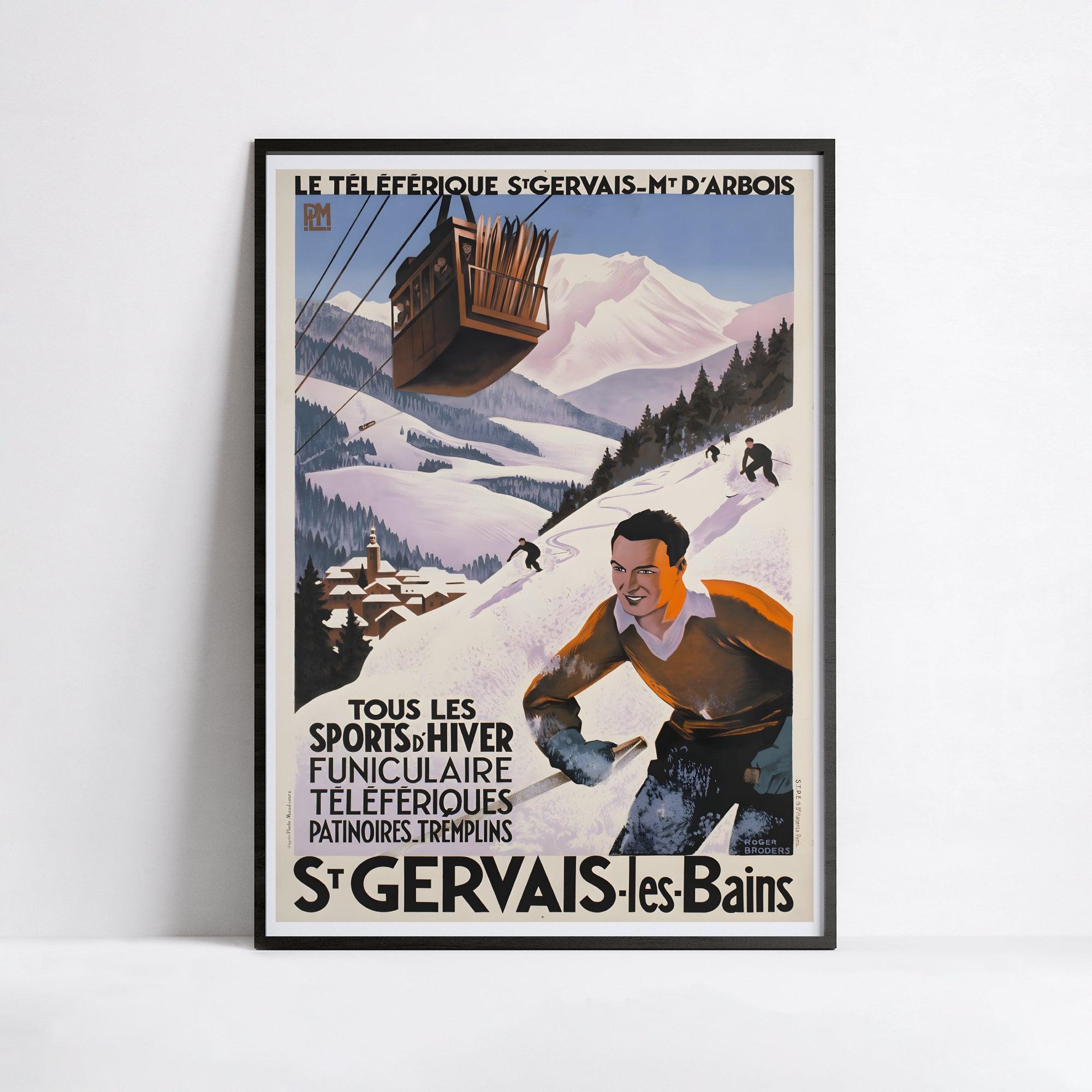 Affiche ski vintage "Téléférique - St Gervais les Bains - Broders - Haute Définition - papier mat 230gr/m² - Poster Vintage