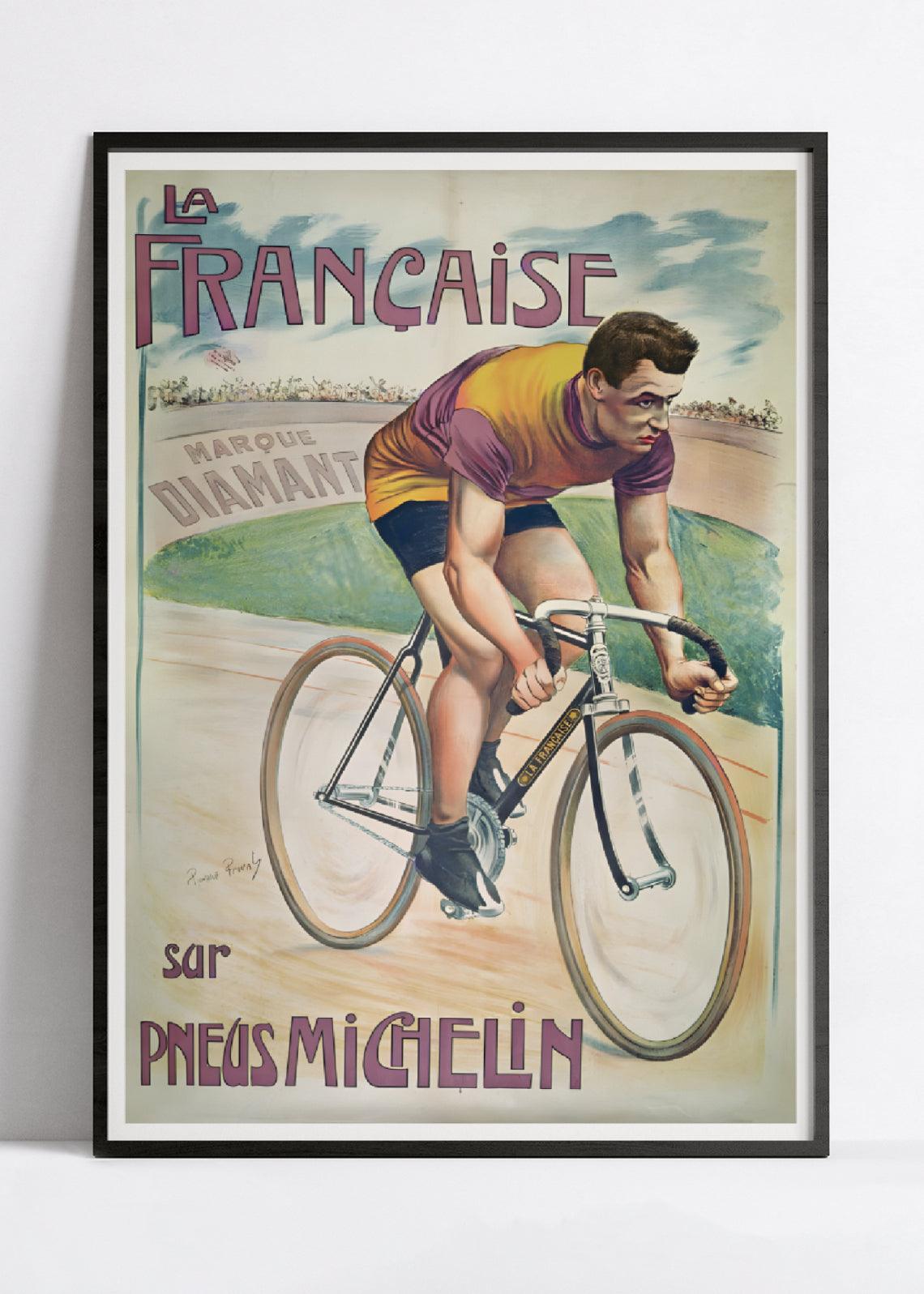 Affiche velo vintage "La française sur pneus Michelin - Haute Définition - papier mat 230gr/m² - Poster Vintage