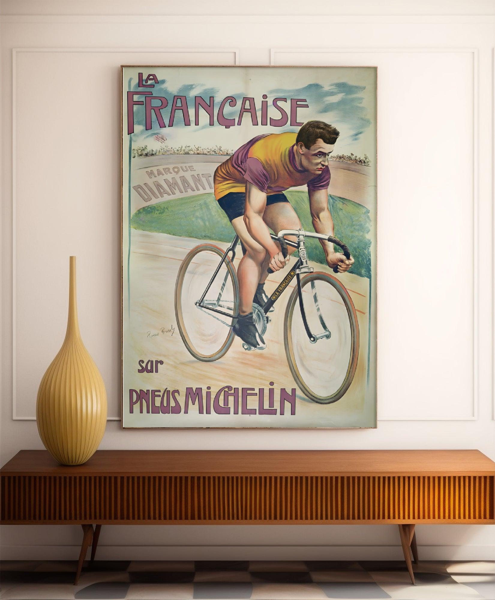 Affiche velo vintage "La française sur pneus Michelin - Haute Définition - papier mat 230gr/m² - Poster Vintage