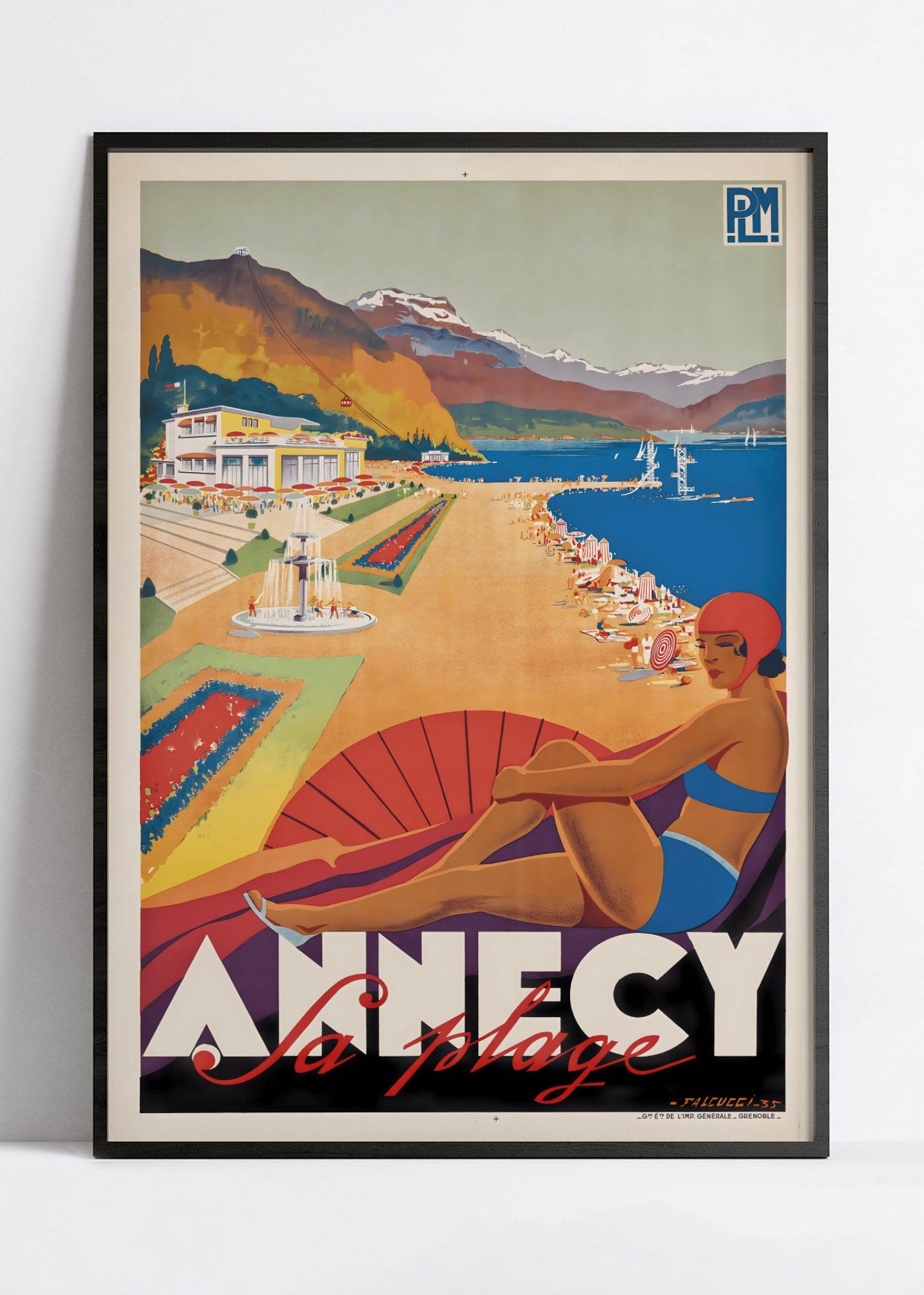 Affiche ville vintage "Annecy Plage" - Robert Falcucci - Haute Définition - papier mat 230gr/m² - Poster Vintage