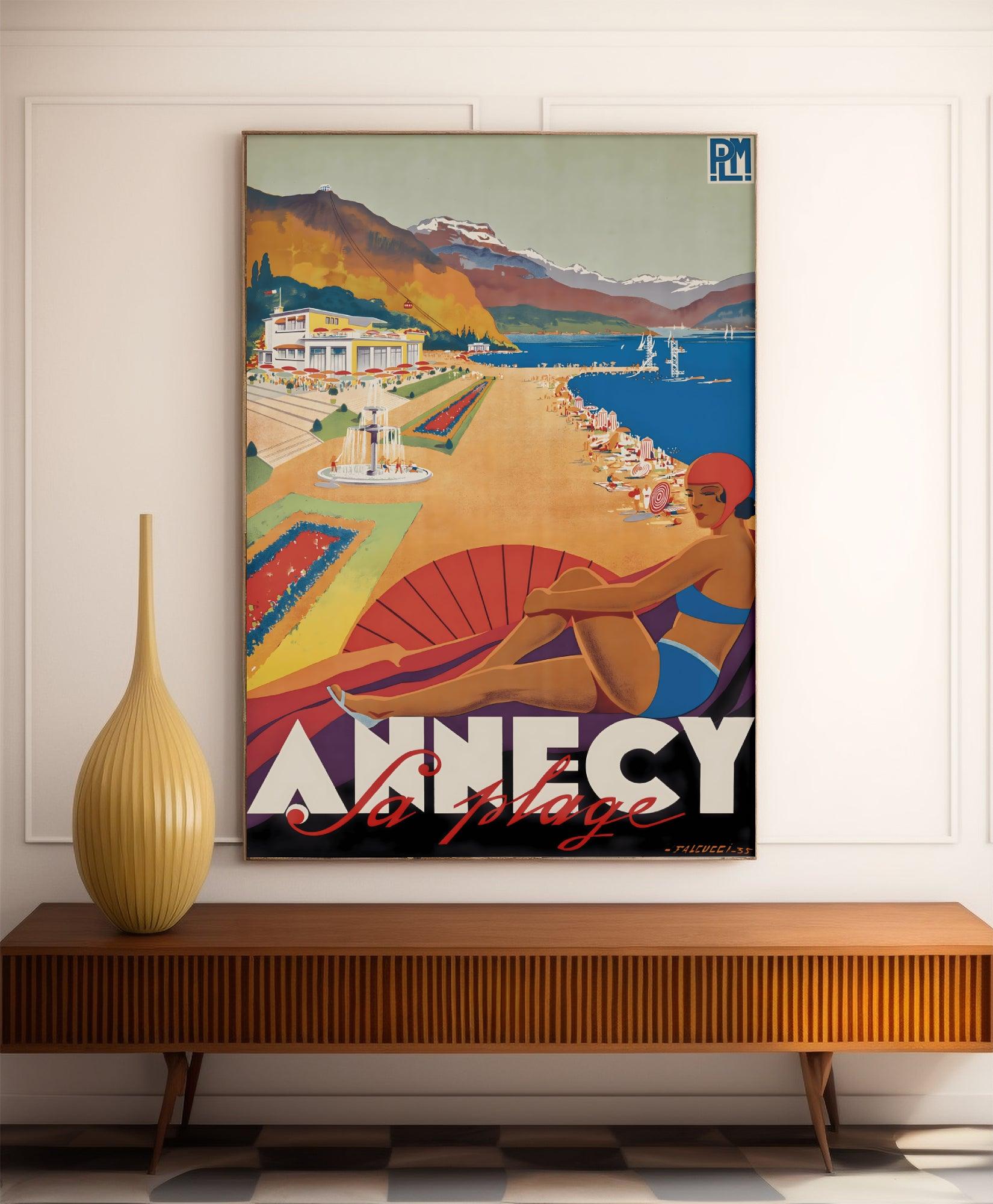 Affiche ville vintage "Annecy Plage" - Robert Falcucci - Haute Définition - papier mat 230gr/m² - Poster Vintage