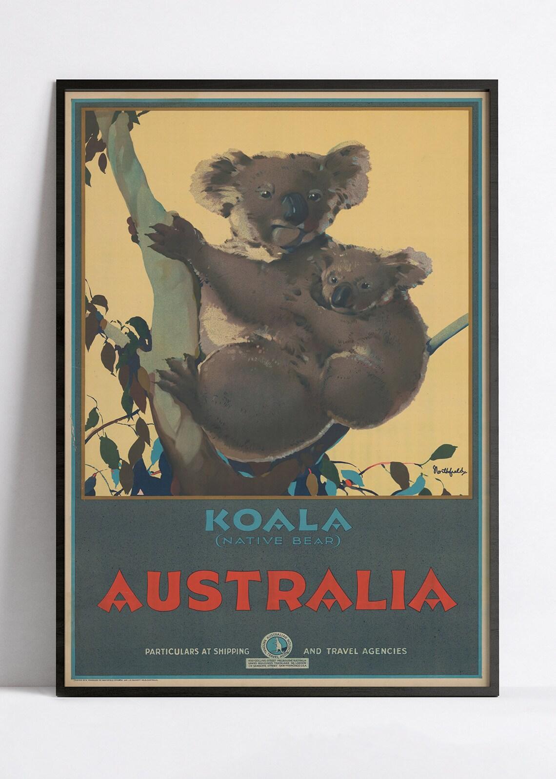 Affiche voyage " Australia - Koala" - vintage - Haute Définition - papier mat 230gr/m² - Poster Vintage