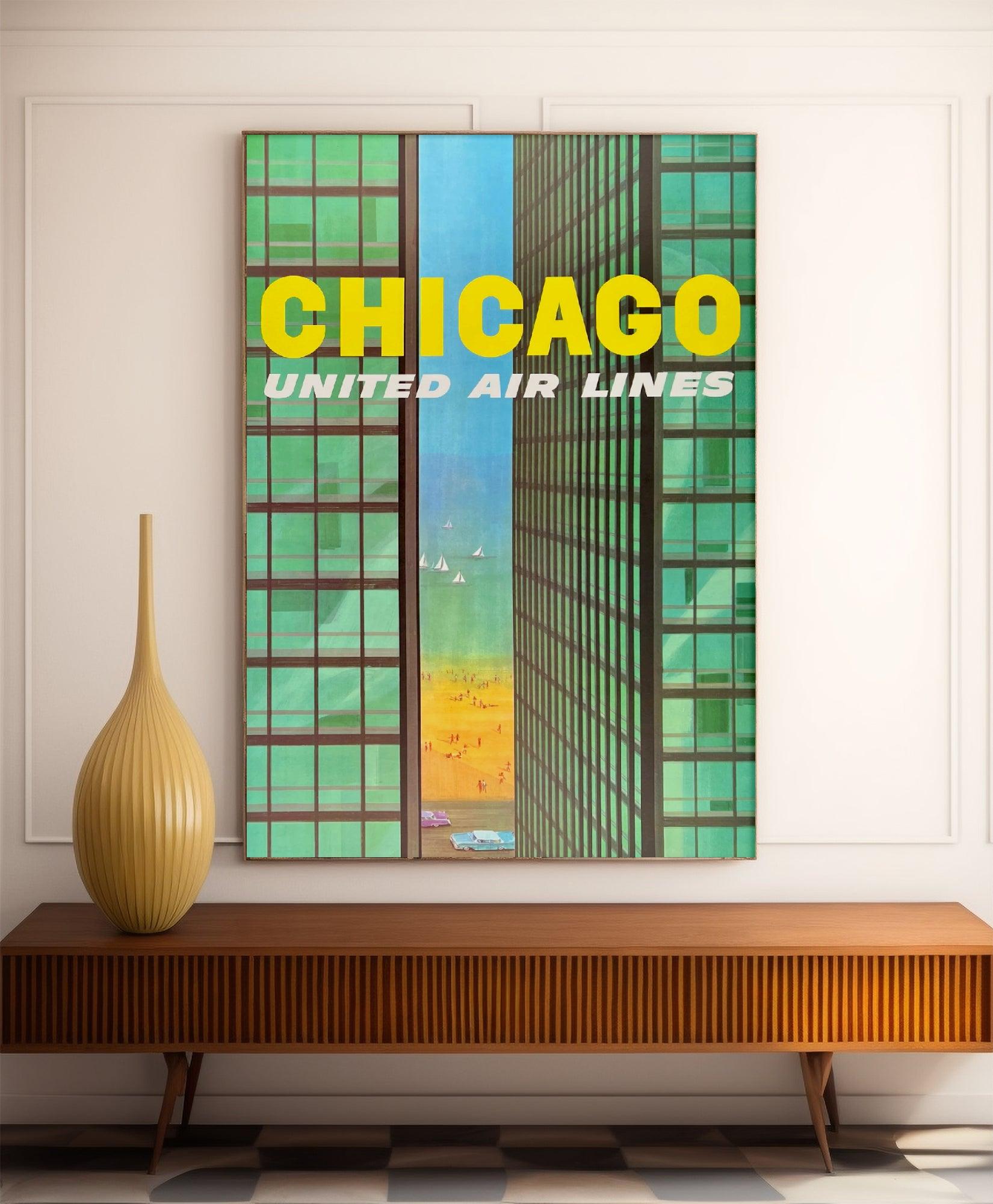 Affiche voyage vintage "Chicago" - United Air lines - Haute Définition - papier mat 230gr/m² - Poster Vintage