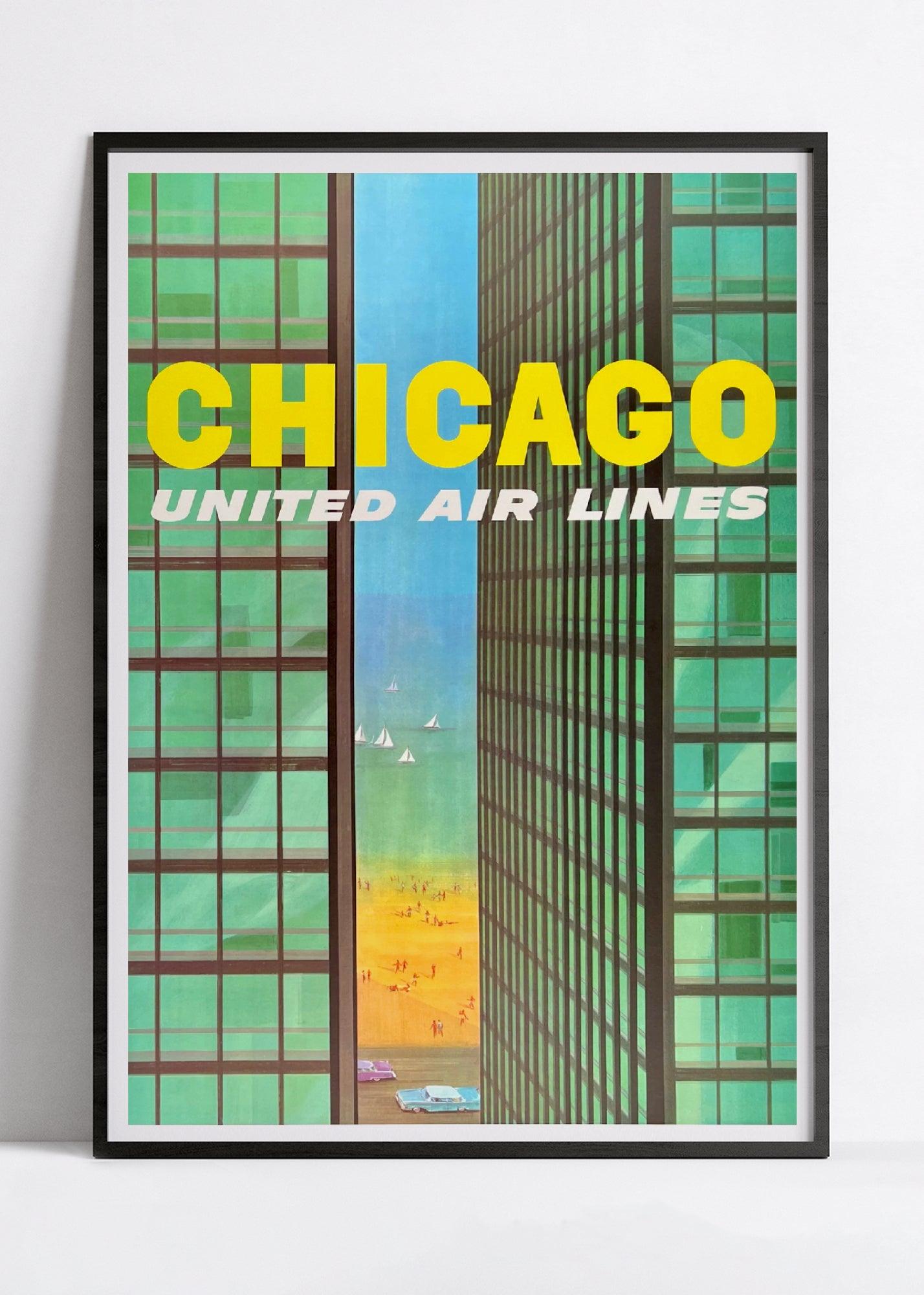 Affiche voyage vintage "Chicago" - United Air lines - Haute Définition - papier mat 230gr/m² - Poster Vintage