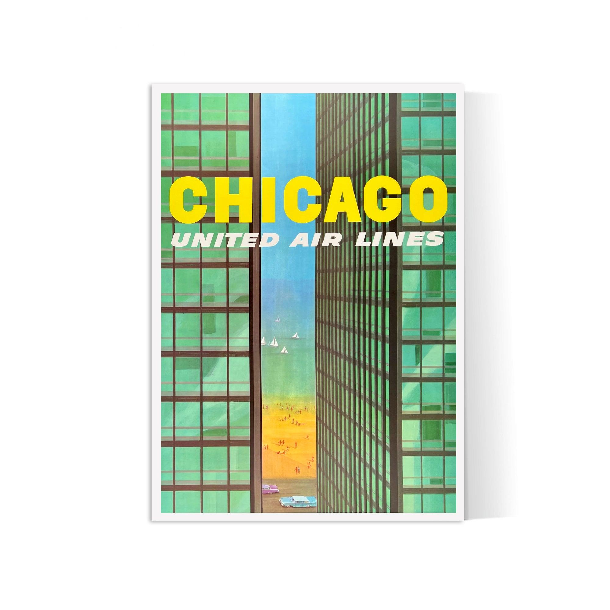 Affiche voyage vintage "Chicago" - United Air lines - Haute Définition - papier mat 230gr/m² - Poster Vintage