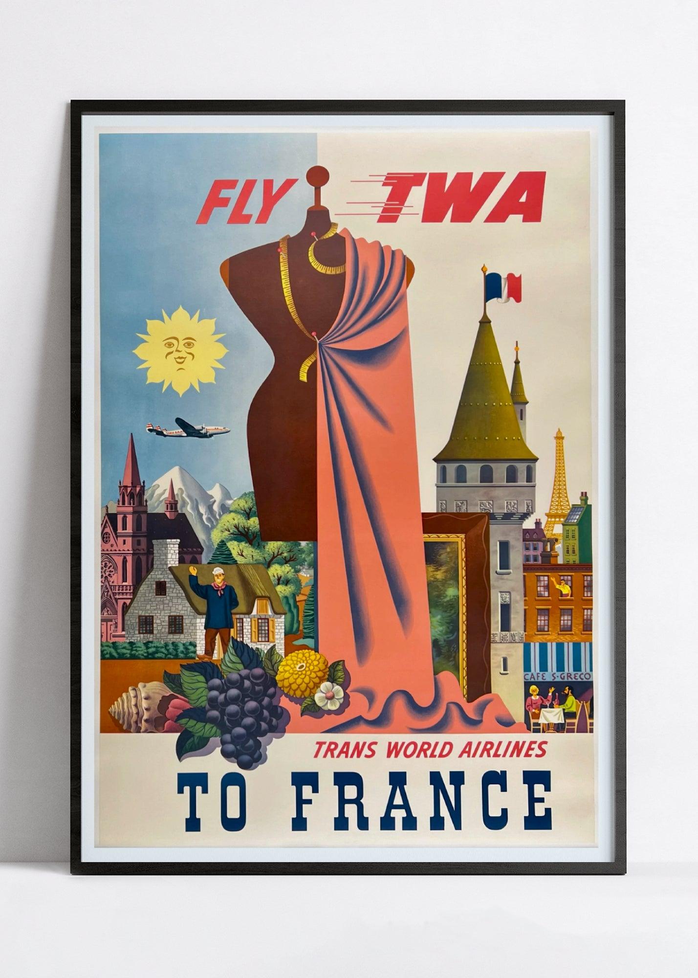 Affiche voyage vintage "France" - TWA - Haute Définition - papier mat 230gr/m² - Poster Vintage