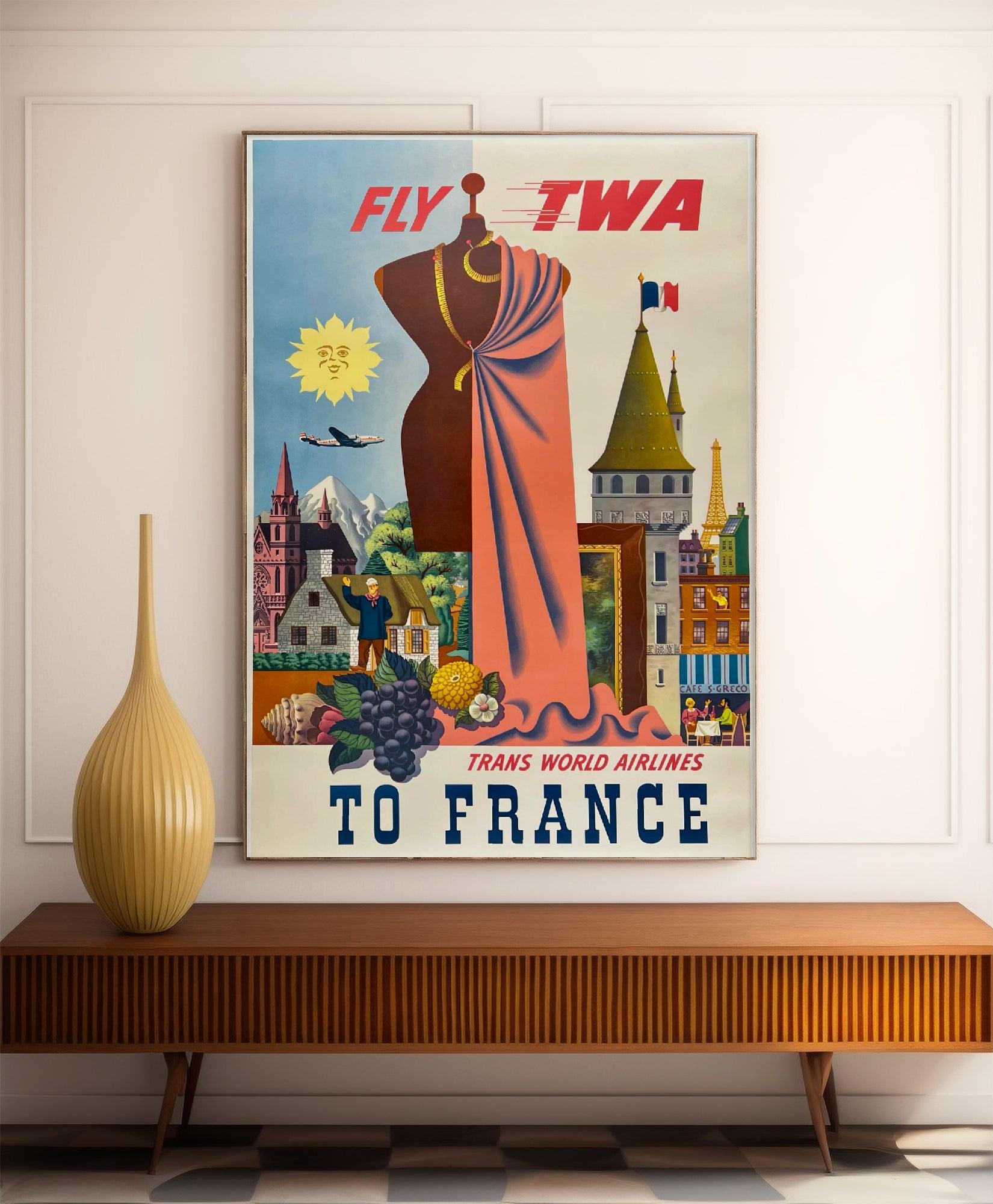 Affiche voyage vintage "France" - TWA - Haute Définition - papier mat 230gr/m² - Poster Vintage