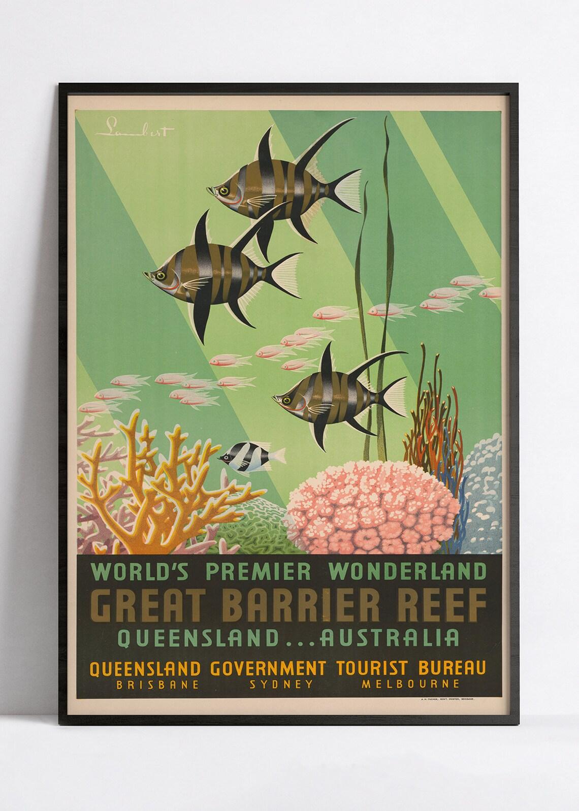 Affiche voyage vintage "Great Barrier Reef" - Haute Définition - papier mat 230gr/m² - Poster Vintage