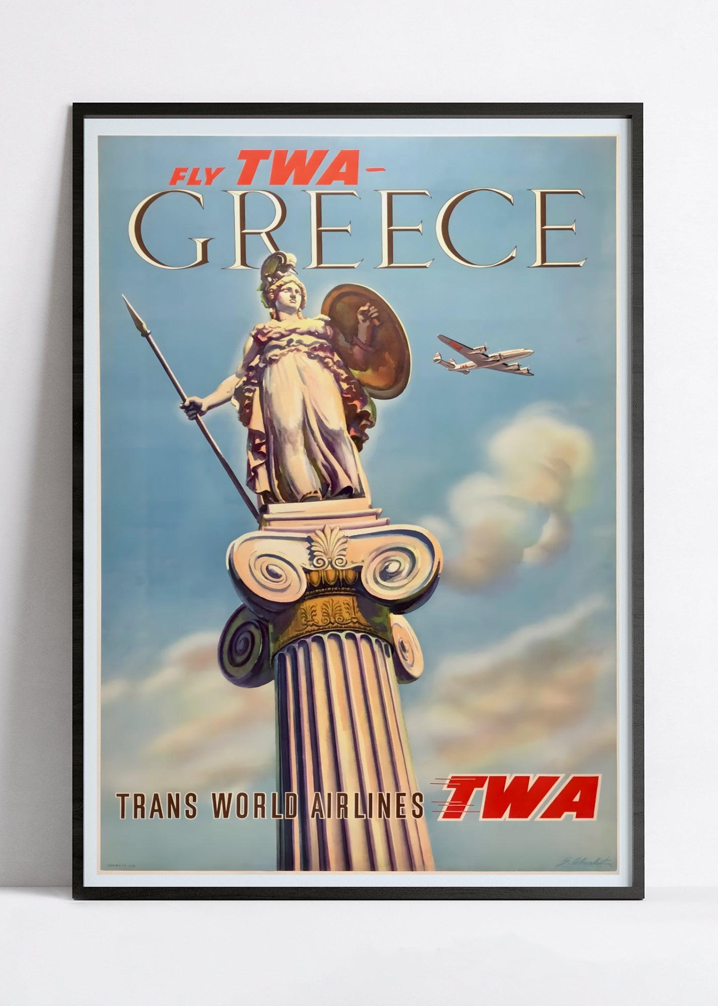 Affiche voyage vintage "Greece - Athena statue" - TWA - Haute Définition - papier mat 230gr/m² - Poster Vintage