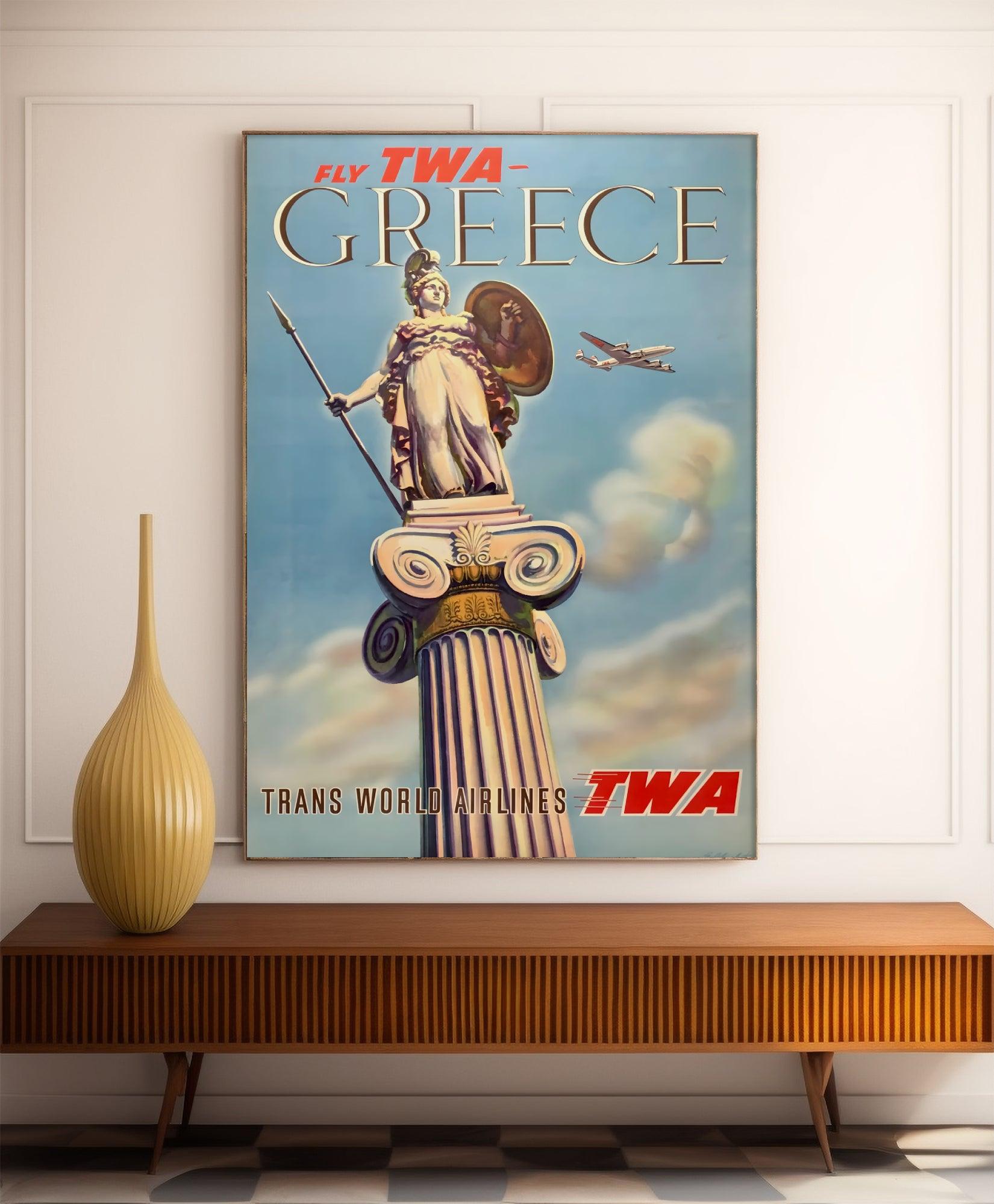 Affiche voyage vintage "Greece - Athena statue" - TWA - Haute Définition - papier mat 230gr/m² - Poster Vintage