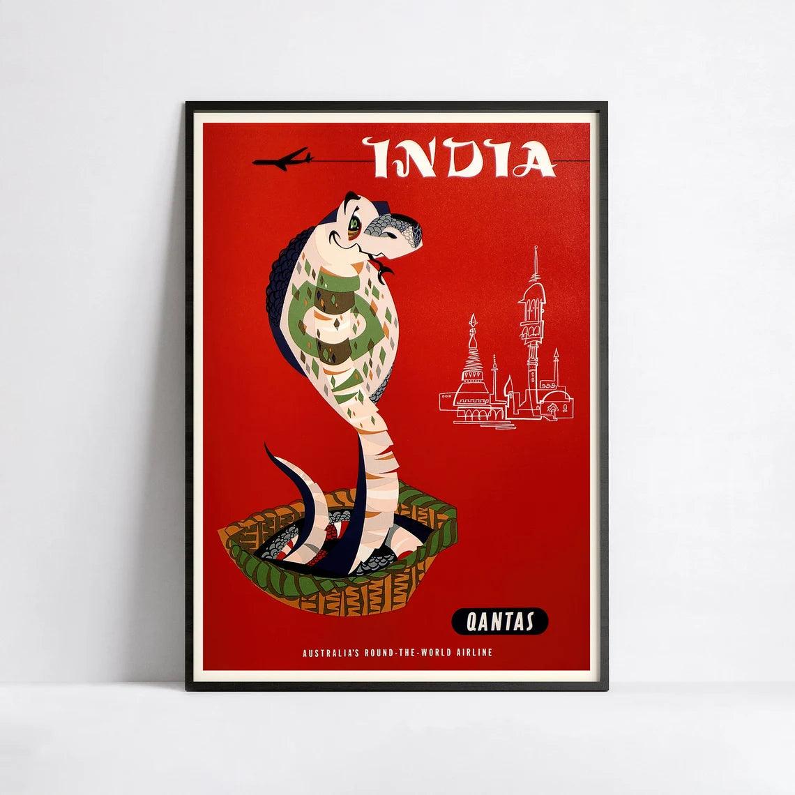 Affiche voyage vintage "India" - Qantas- Haute Définition - papier mat 230gr/m² - Poster Vintage