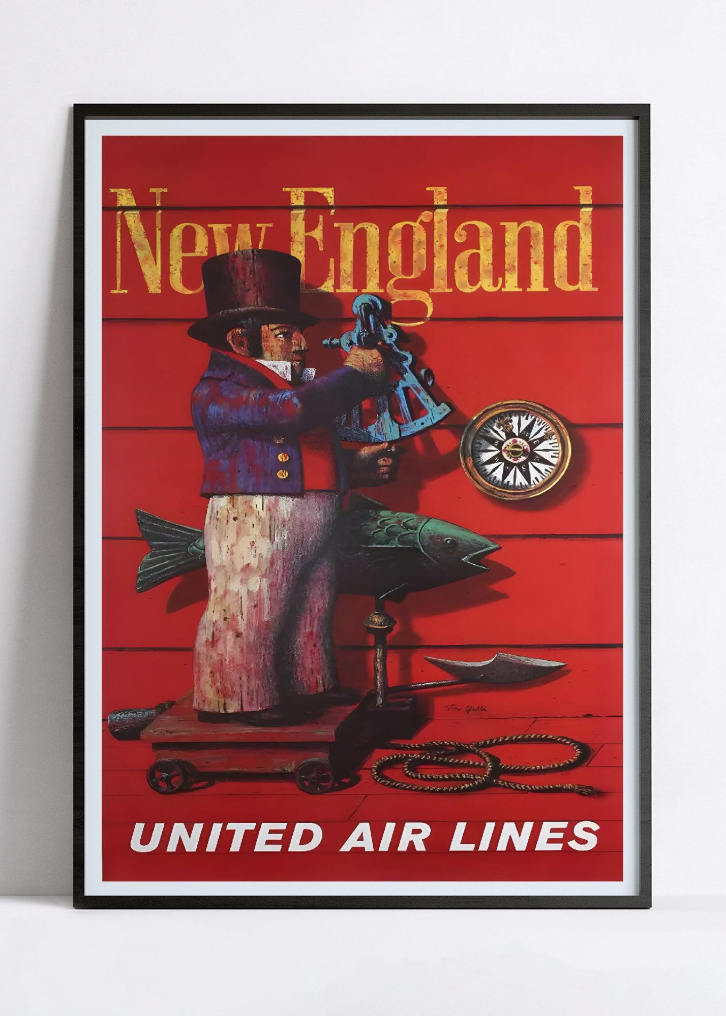 Affiche voyage vintage "New England" - United Airlines - Haute Définition - papier mat 230gr/m² - Poster Vintage