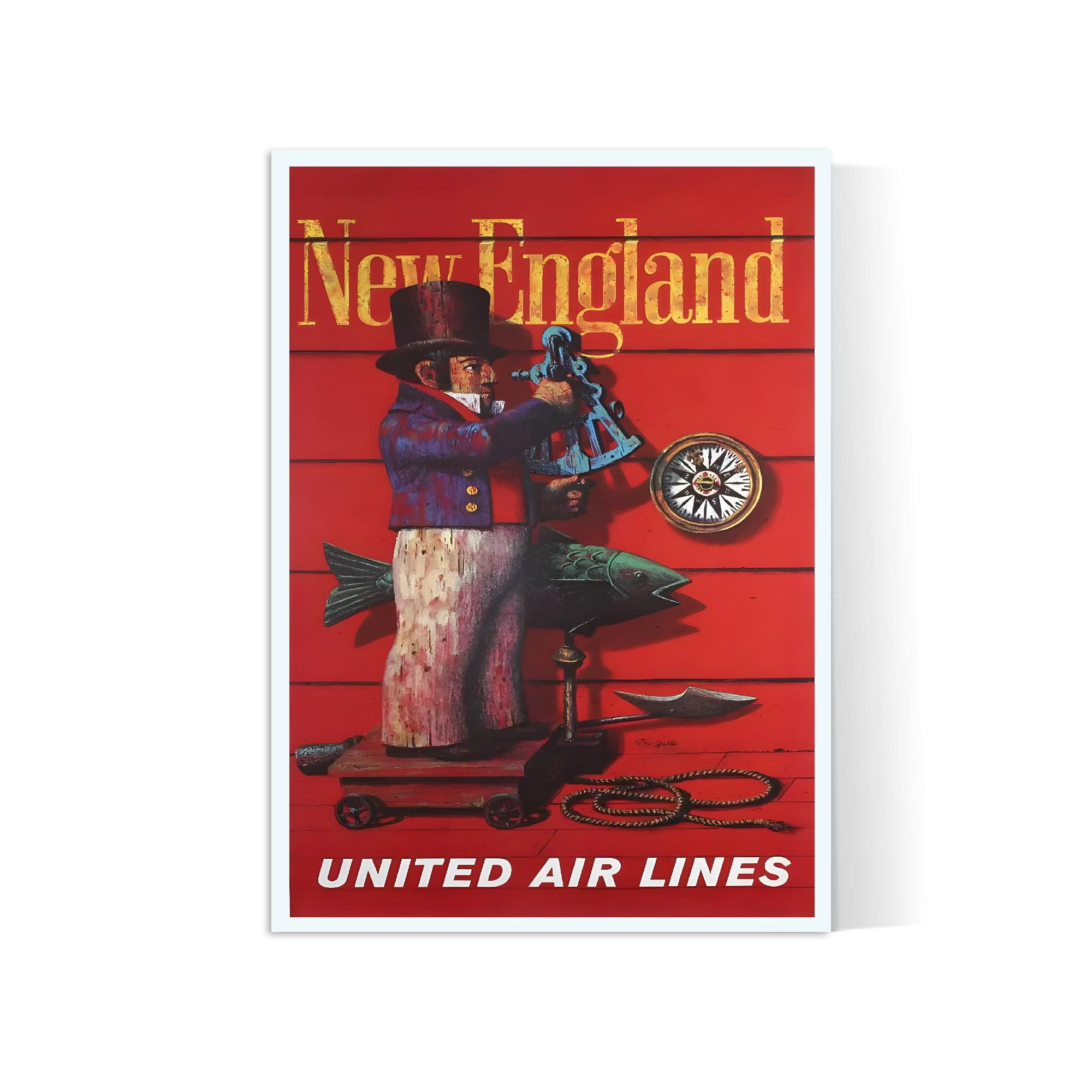 Affiche voyage vintage "New England" - United Airlines - Haute Définition - papier mat 230gr/m² - Poster Vintage